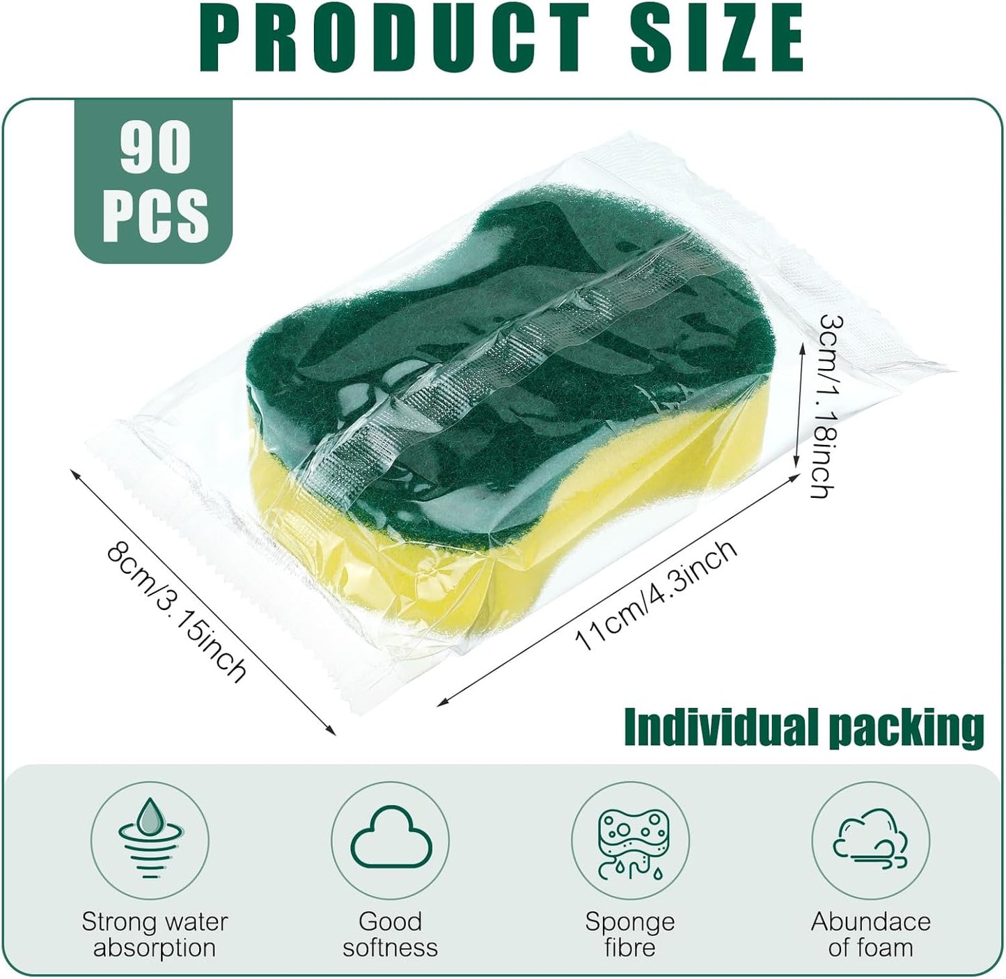 Tanlade 90 Pcs Individually Wrapped Sponges Kitchen Bulk Non Scratch Scouring Sponges for Dishes Household Cleaning Travel Apartments Hotel Car (Yellow Green)