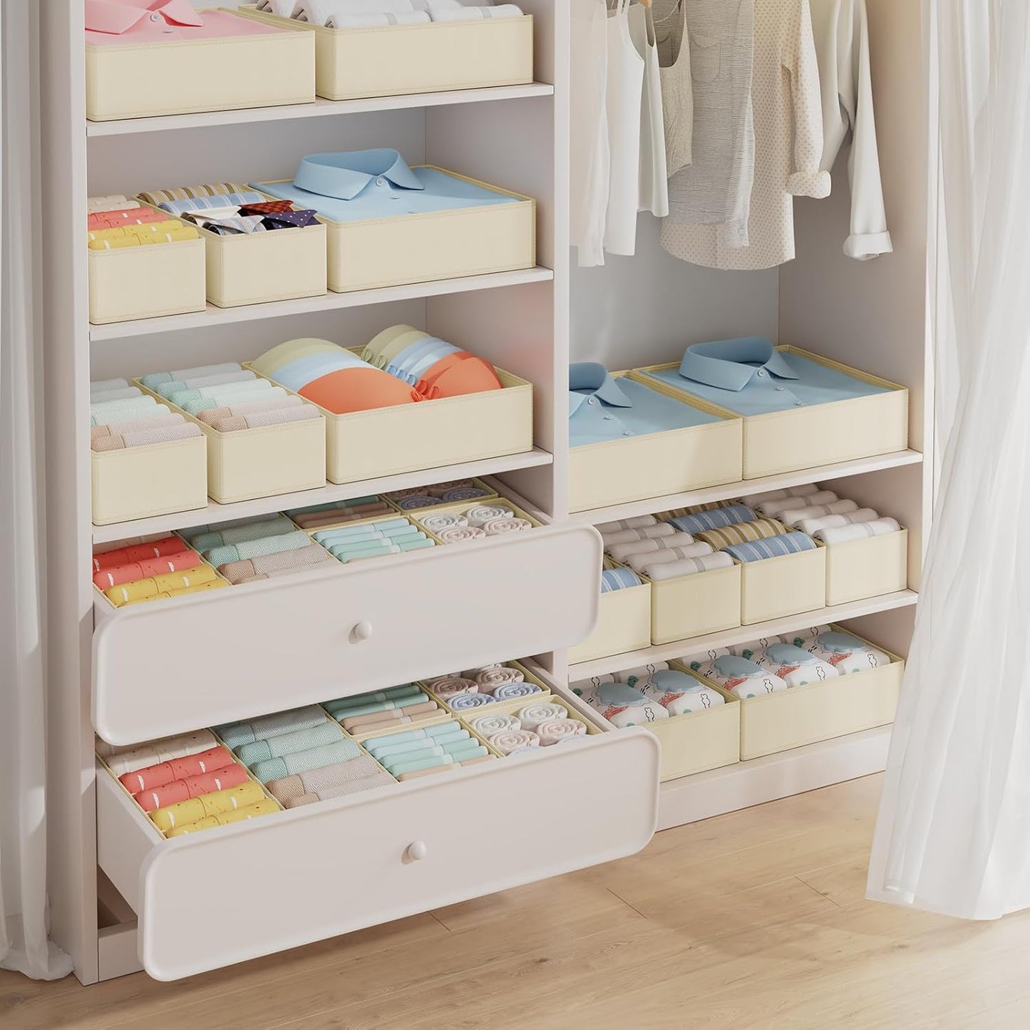 DIMJ Drawer Organizer Clothes, 18 Pack Dresser Organizer, Foldable Closet Organizers and Storage, Fabric Dresser Bins, Drawer Dividers for Nursery, Baby Clothes, Underwears, Sock (Beige)