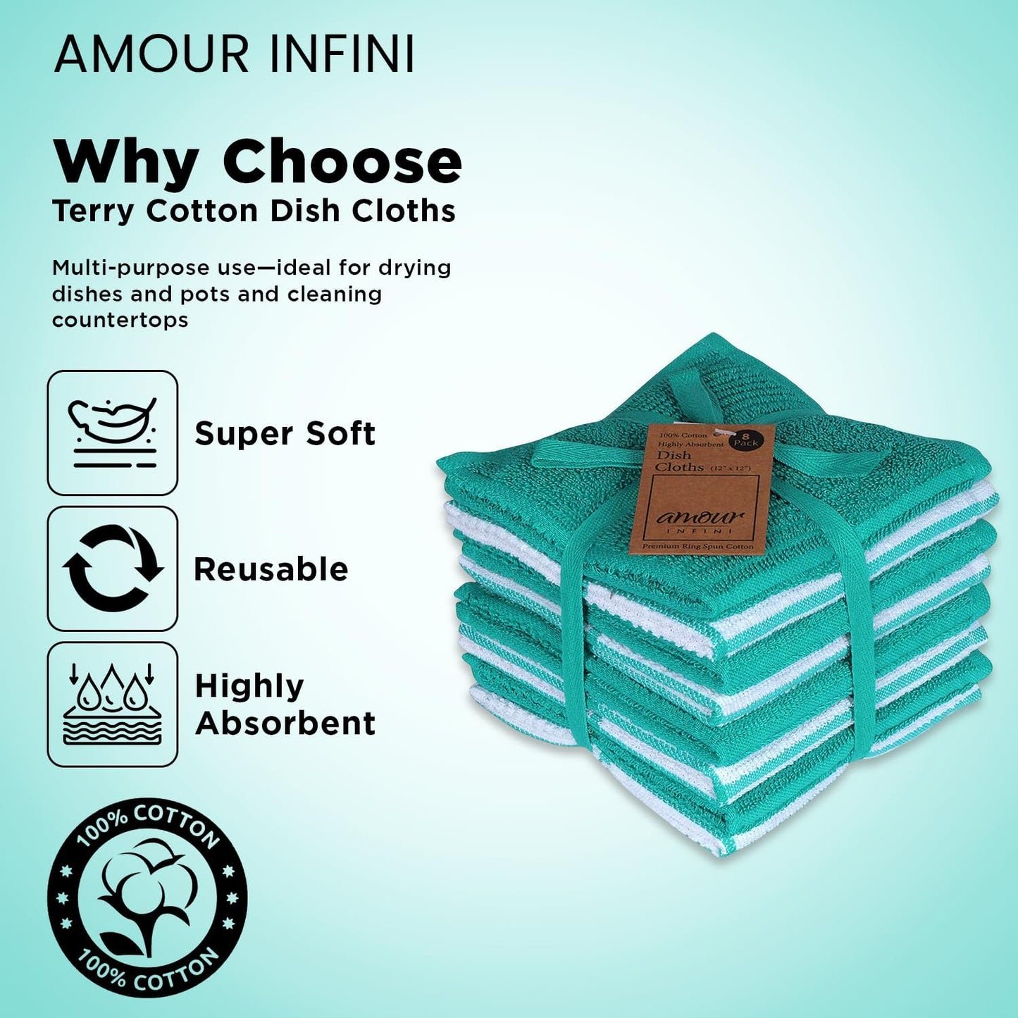AMOUR INFINI Dish Cloths for Washing Dishes Set of 8 - Highly Absorbent, Super Soft Kitchen Dishcloths - Reusable Quick Dry Dish Rags for Cleaning & Drying Kitchen Linens (12x12 Inch - Teal)