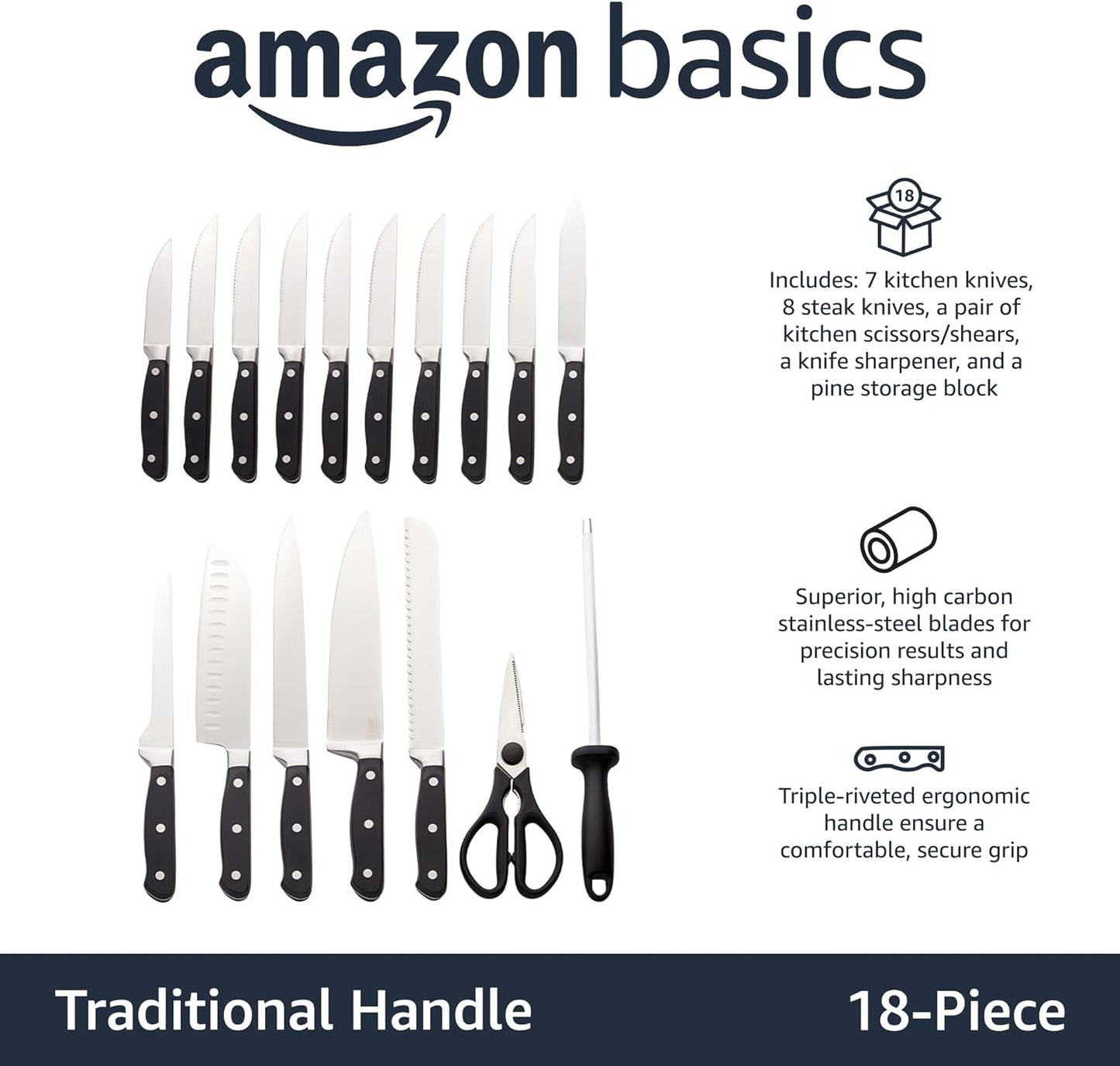 Amazon Basics 18 Pieces Premium High-Carbon Stainless Steel Blades with Pine Wood Knife Block Set,Kitchen, Black