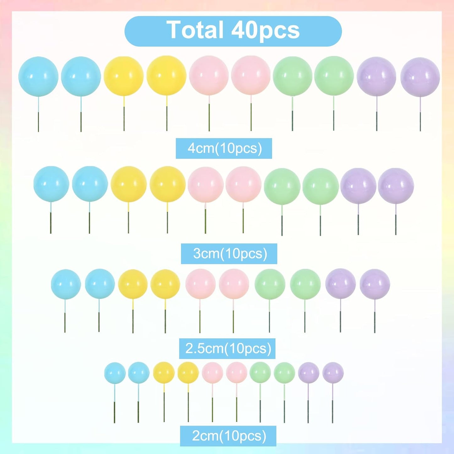 BEISHIDA 40 Pcs Foam Ball Cake Toppers with Sticks Mini Cake Decorations for Birthdays, Weddings, Baby Showers, DIY Baking Supplies, Anniversary Party (Pastel Color)