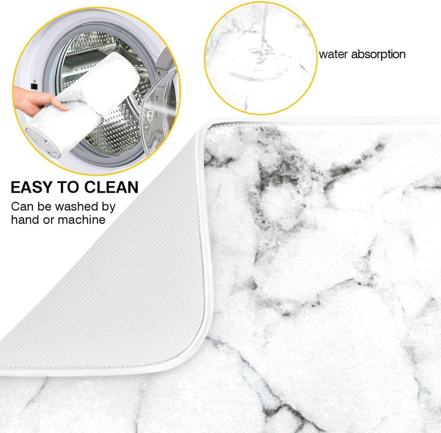 White Grey Marble Dish Drying Mat for Kitchen Counter Absorbent Microfiber Drying Pad, Large 18x24 in, Reversible Drainer Mats