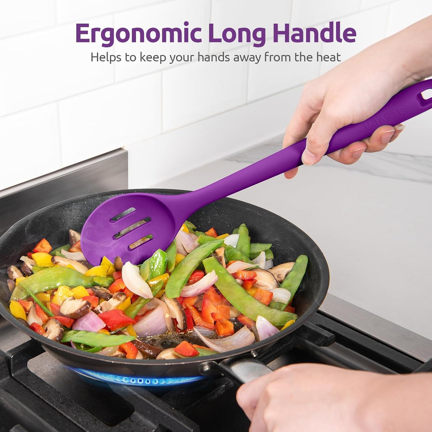 600ºF Heat Resistant Slotted Spoon: U-Taste 13.3in Solid Kitchen Cooking Spoon, Nonstick Food Grade Large & Long Rubber Utensil for Mixing, Serving, Stirring, Basting, Frying, Draining (Purple)