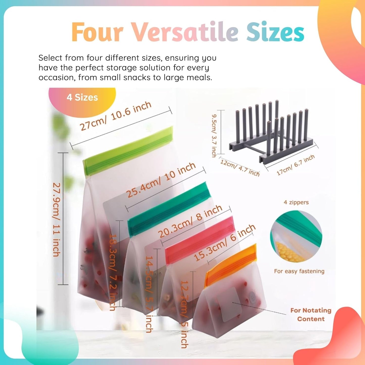 Reusable Silicone Food Storage Bags 8-Pack – BPA-Free Freezer & Dishwasher Safe, Leakproof Stand-Up Snack Bags 2 Gl + 2 L, 4 M– Eco-Friendly Airtight Ziplock Bags for Kitchen & Travel(Multicolor)