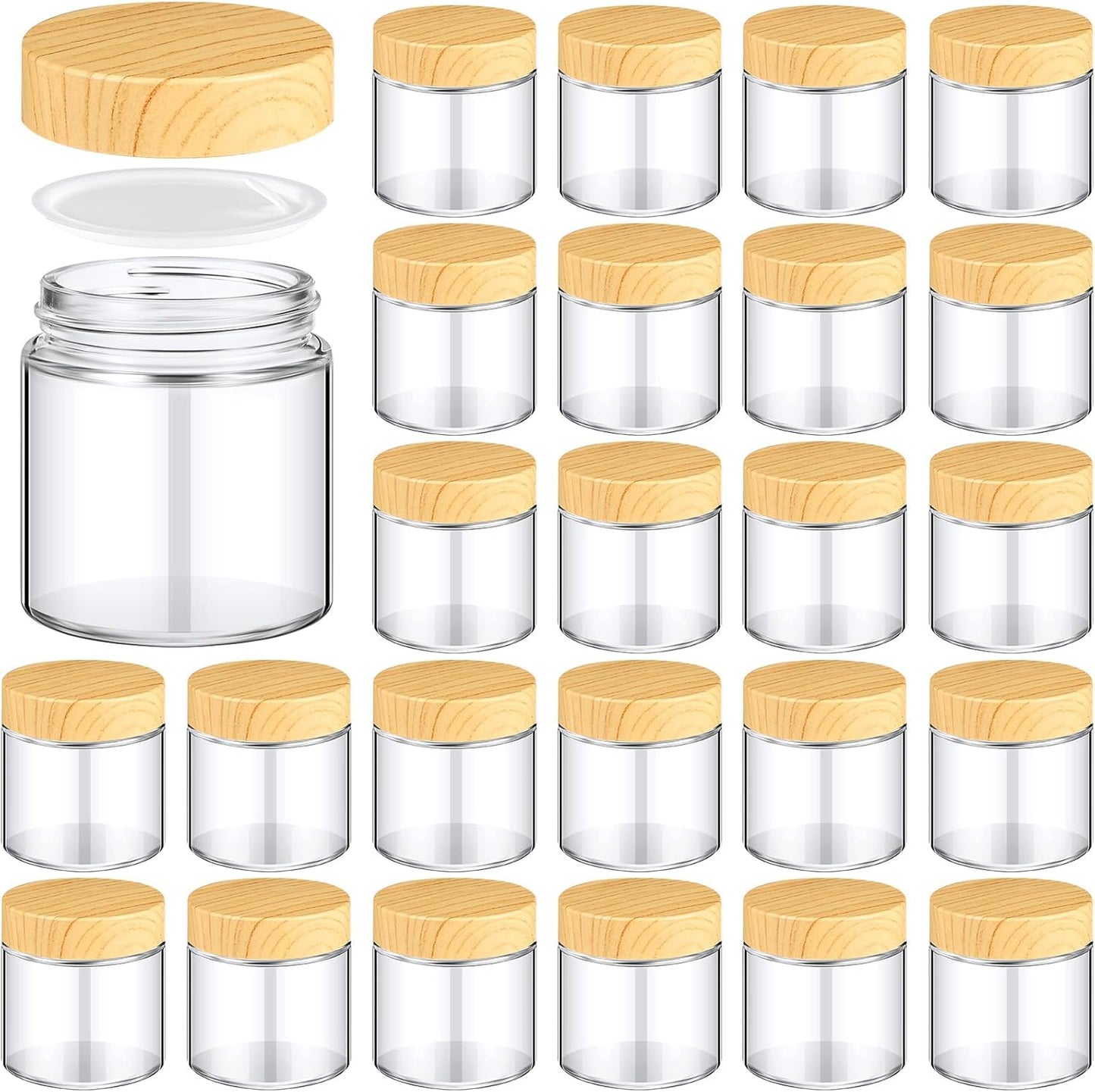 Norme 24 Pcs 4 oz Glass Jars with Lids Empty Small Glass Containers and Inner Liners Reusable Cosmetic Jars Round Airtight Bottles with Plastic Woodgrain Lids for Travel