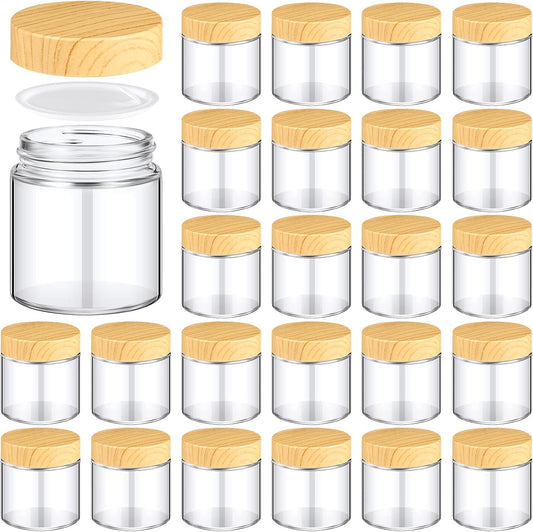 Norme 24 Pcs 4 oz Glass Jars with Lids Empty Small Glass Containers and Inner Liners Reusable Cosmetic Jars Round Airtight Bottles with Plastic Woodgrain Lids for Travel