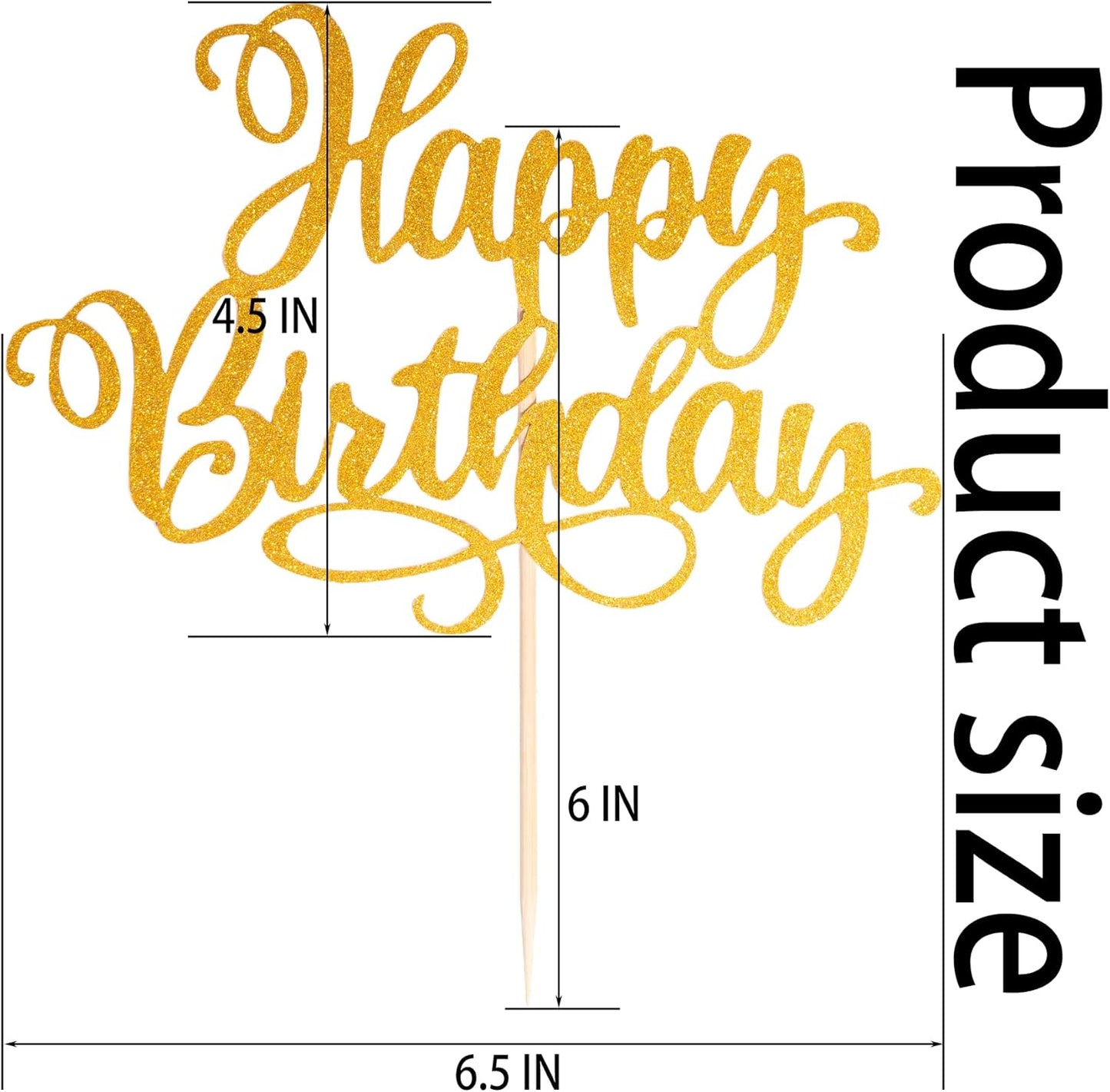 Happy Birthday Cake Toppers 9 Inch Glitter Happy Birthday Cake Pick for Birthday Anniversary Theme Party Cake Decorations Supplies - Gold