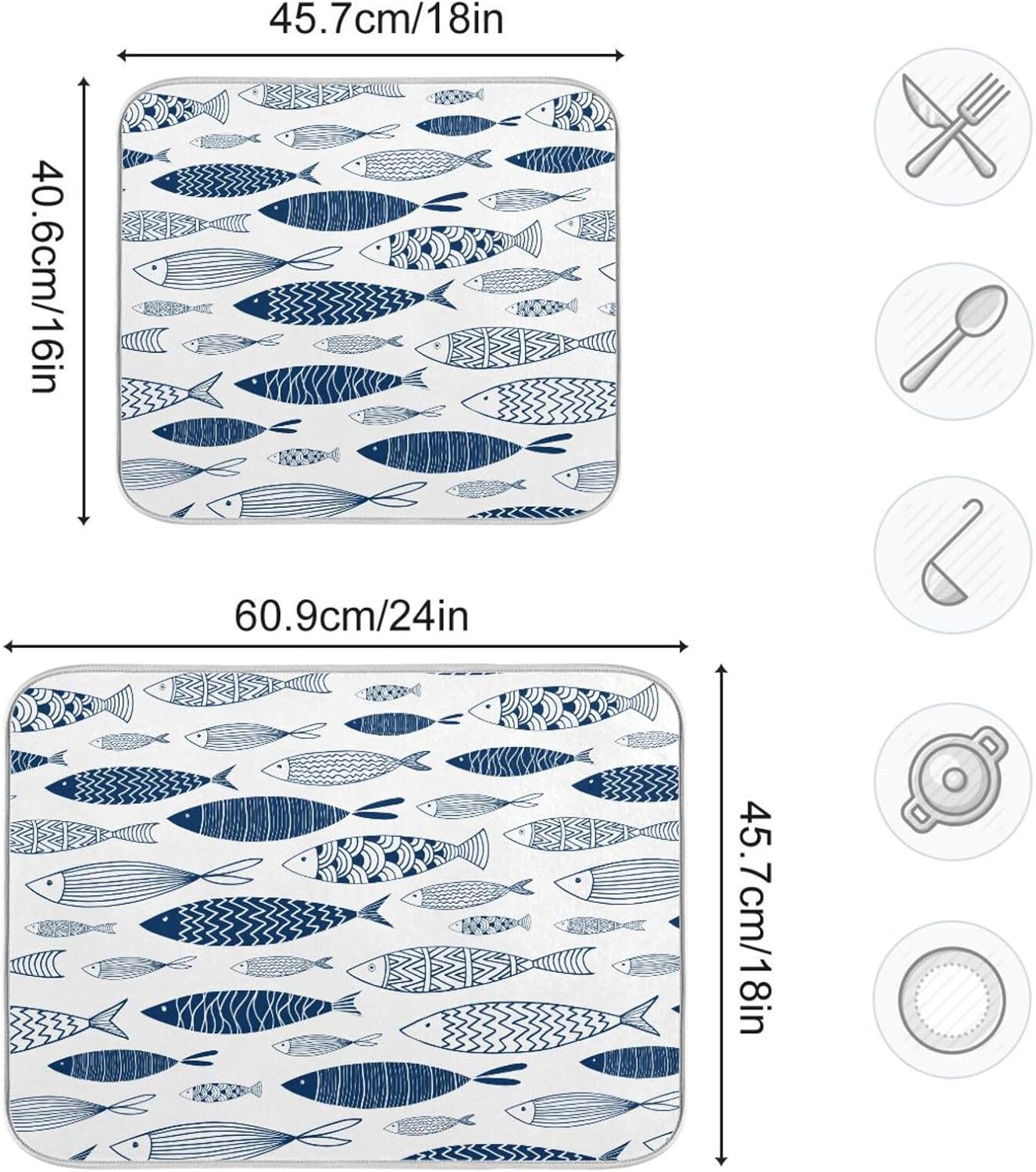 Cartoon Fish Dish Drying Mat for Kitchen Counter Absorbent Microfiber Drying Pad, Large 18x24 in, Reversible Drainer Mats