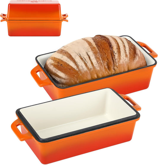 Enameled Cast Iron Loaf Pan with Lid, Best Bread Oven, Bread Loaf Pans for Baking Homemade Sourdough Bread 9x5, 2 Piece set, Flame