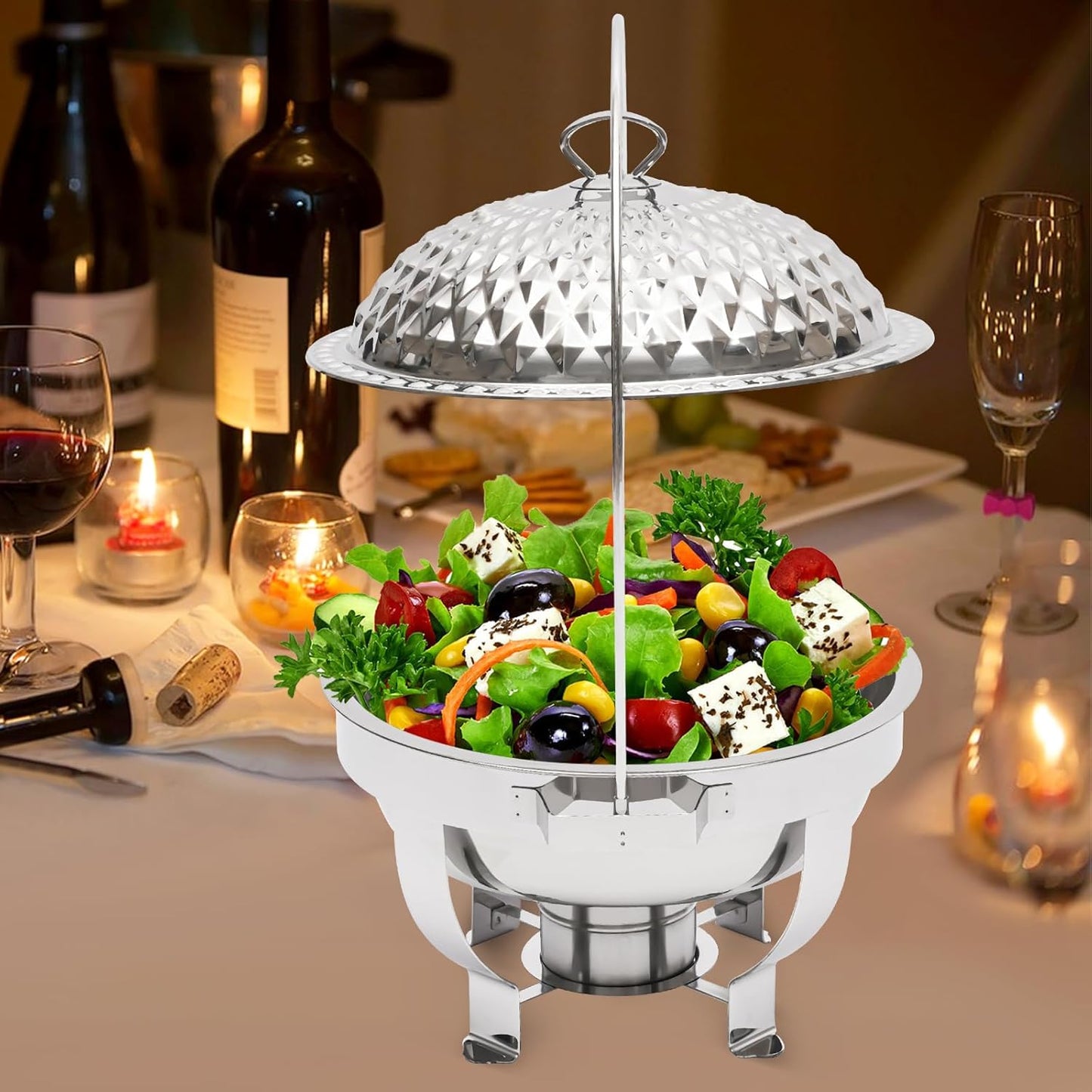 Chafing Dish Buffet Set, Stainless Steel Hanging Lid Dining Stove, Roll Top Chafing Dish Buffet Diamond-Shaped Lid and Round Stand for Buffet Restaurants and Banquets (Silver, 4.5L/4.76Qt)