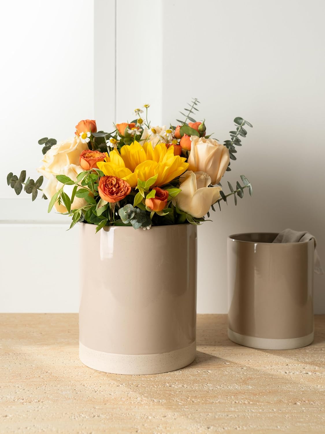 famiware Milkyway Kitchen Utensil Holder for Countertop, 7.2"+5.8" Ceramic Cooking Utensil Crocks for Counter, Utensil Organizer for Spatula & Spoon, Kitchen Decor, Set of 2, Cinnamon Brown