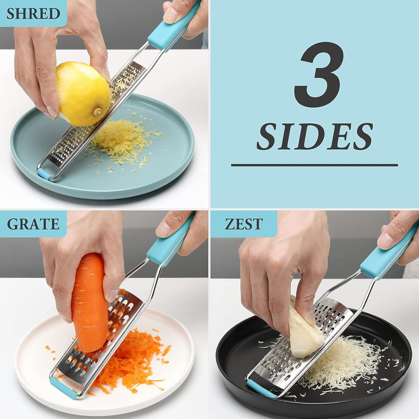 Cambom Lemon Zester Grater Three-piece Suit - Heavy Duty Kitchen Tool for Parmesan Cheese, Ginger, Garlic, Nutmeg, Chocolate, Vegetables，Fruits，Stainless Steel Grater Dishwasher Safe Blue