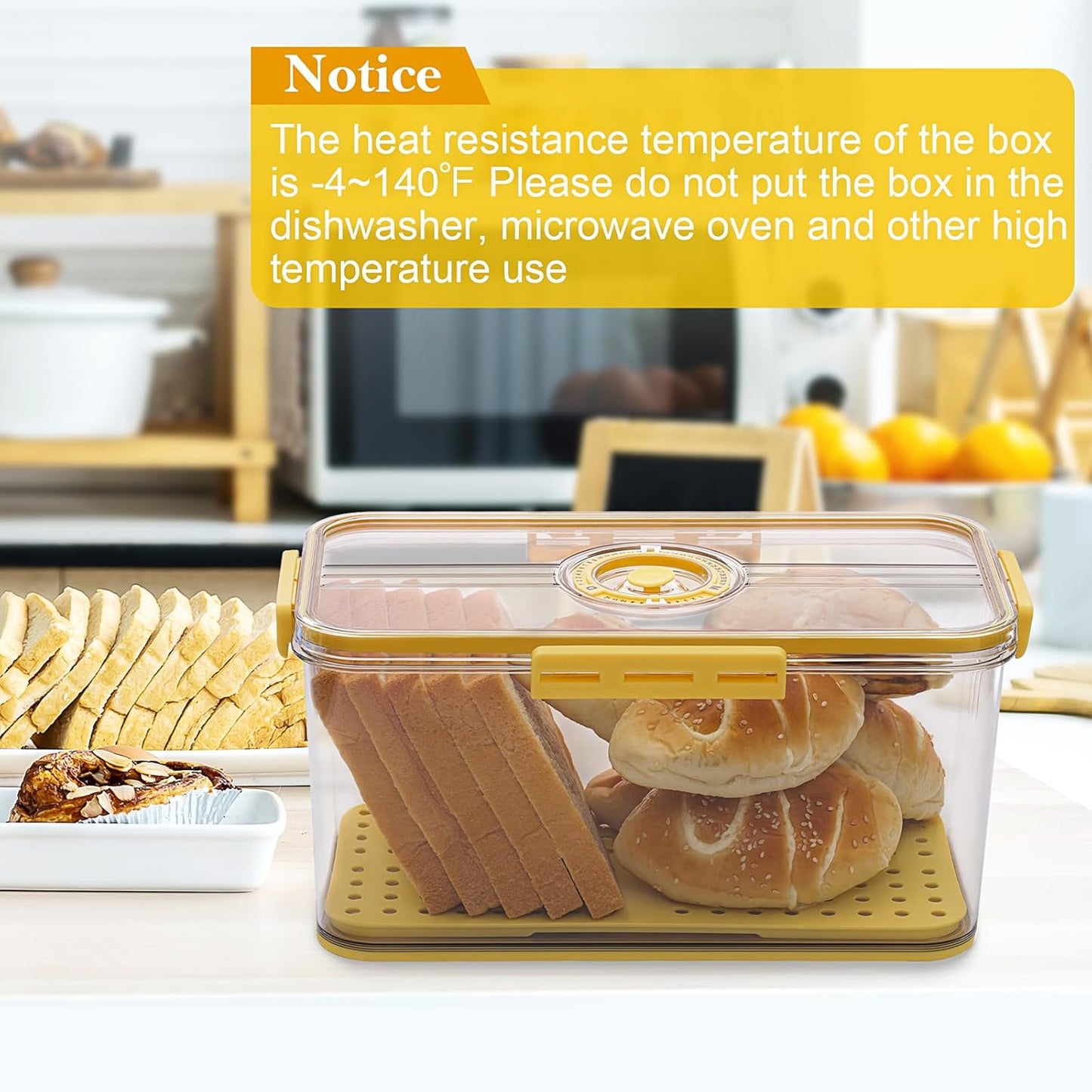 Bread Box for Homemade Bread Boxes for Kitchen Counter Airtight, Time Recording Bread Storage Container with Lid, Bread Containers Storage Airtight Loaf Bread Keeper, Large, Yellow
