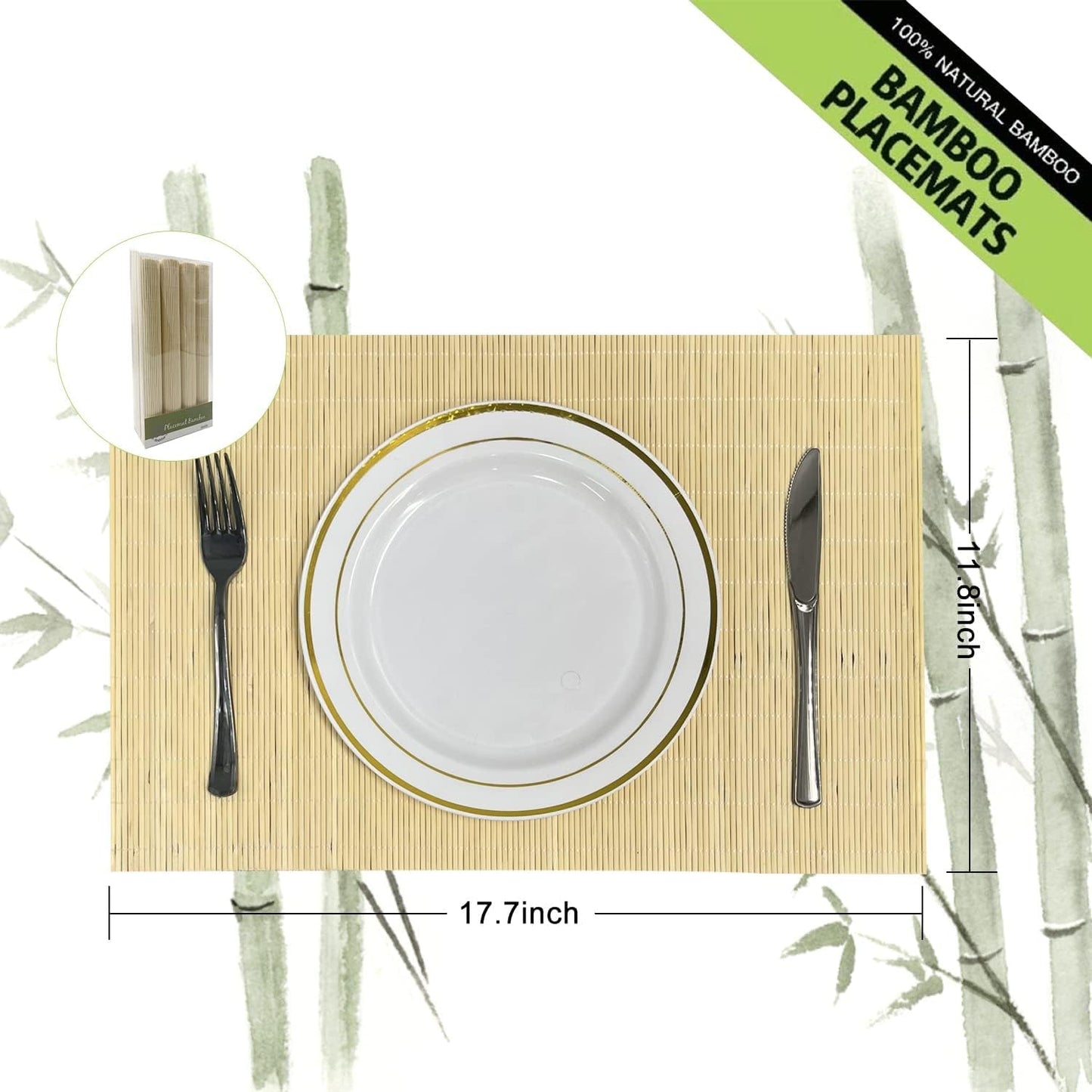 ANDSTAR Bamboo Placemats Set of 8 Waterproof - 12x18 Inch Reusable Table Mats for Dining, Eco-Friendly Heat Resistant Dishwasher Safe Kitchen Decor, Farmhouse Style Home Gift (Natural Color)