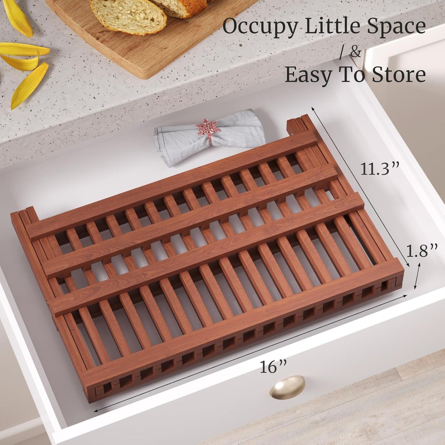 Teak Dish Drying Rack,Folding Collapsible Drainer Plate Organizer Holder for Kitchen,Foldable Spice Rack for Countertop and Cabinet,Pantry Organization and Storage