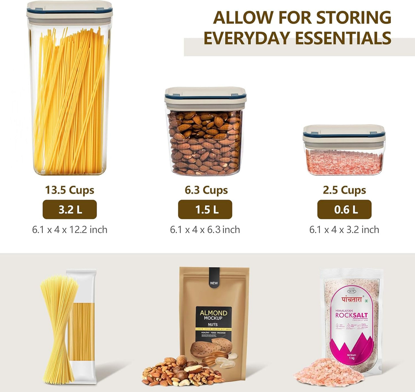 2 PACK 3.2L Food Storage Containers with Airtight Lids, 12" Tall Jar Food Container, BPA Free, Dry Food Storage for Pasta, Spaghetti, Cereal, Flour Pantry Organization, Cream