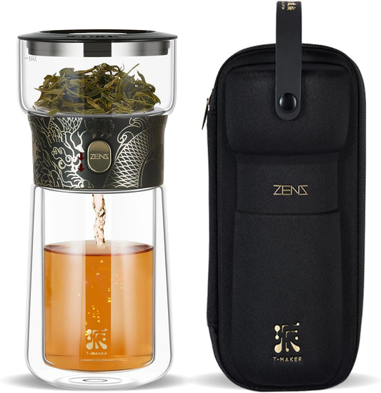 ZENS Cool Glass Teapot with Infuser, Smart One Touch Tea Maker for Loose Tea Diffusers with Insulated Mug and Portable Tea Kits, Enchanted Teapot Alternatives for Tea Lover Gifts