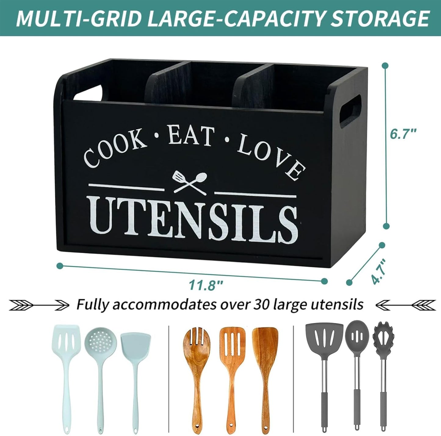 Solid Wood Farmhouse Cooking Utensils Organizer: Large Countertop Utensil Holder, 3 Compartments - Black