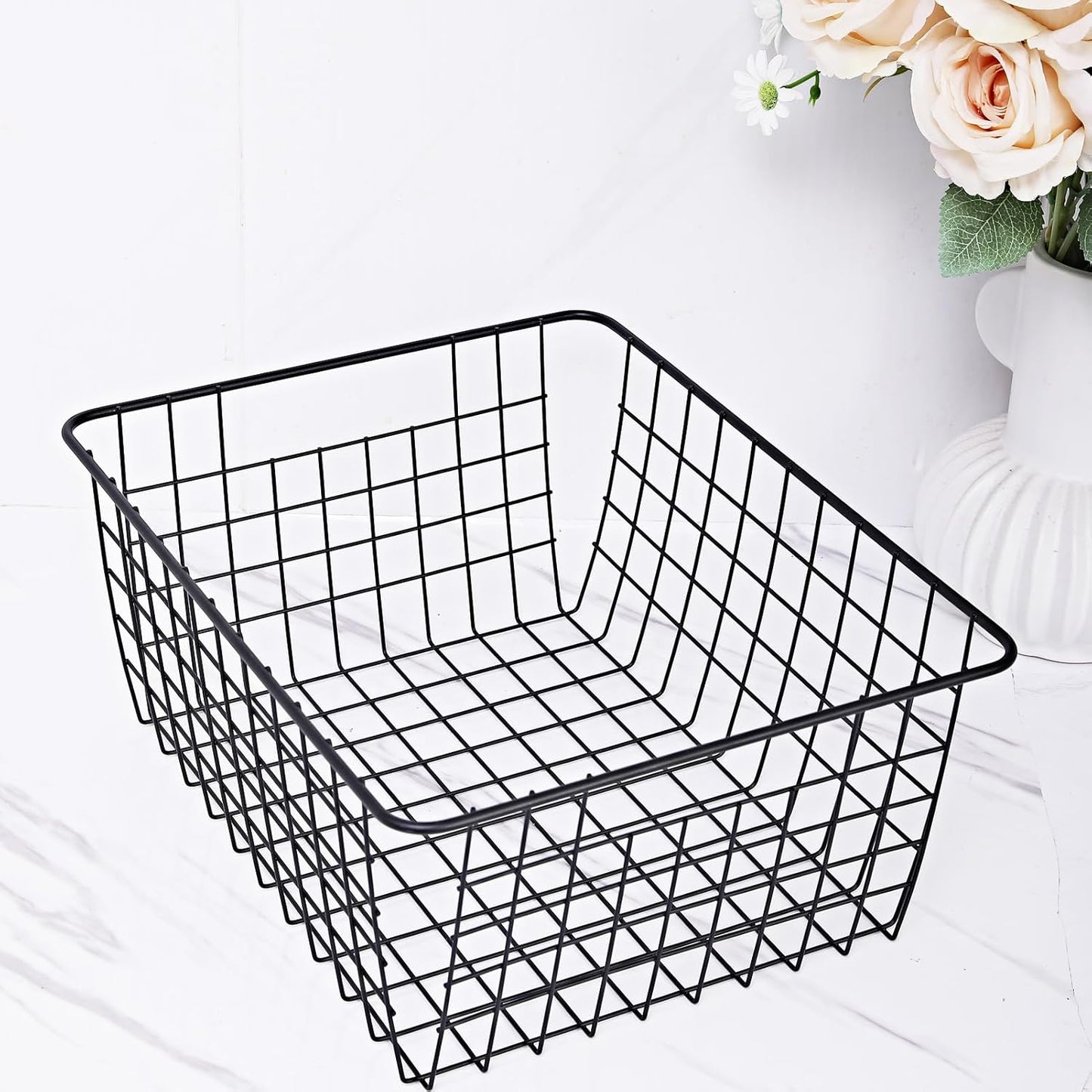 14" Upright Freezer Storage Baskets, Black Wire Storage Bins Large Bakset for Freezer, Pantry, Bathroom Organizing, Set of 2