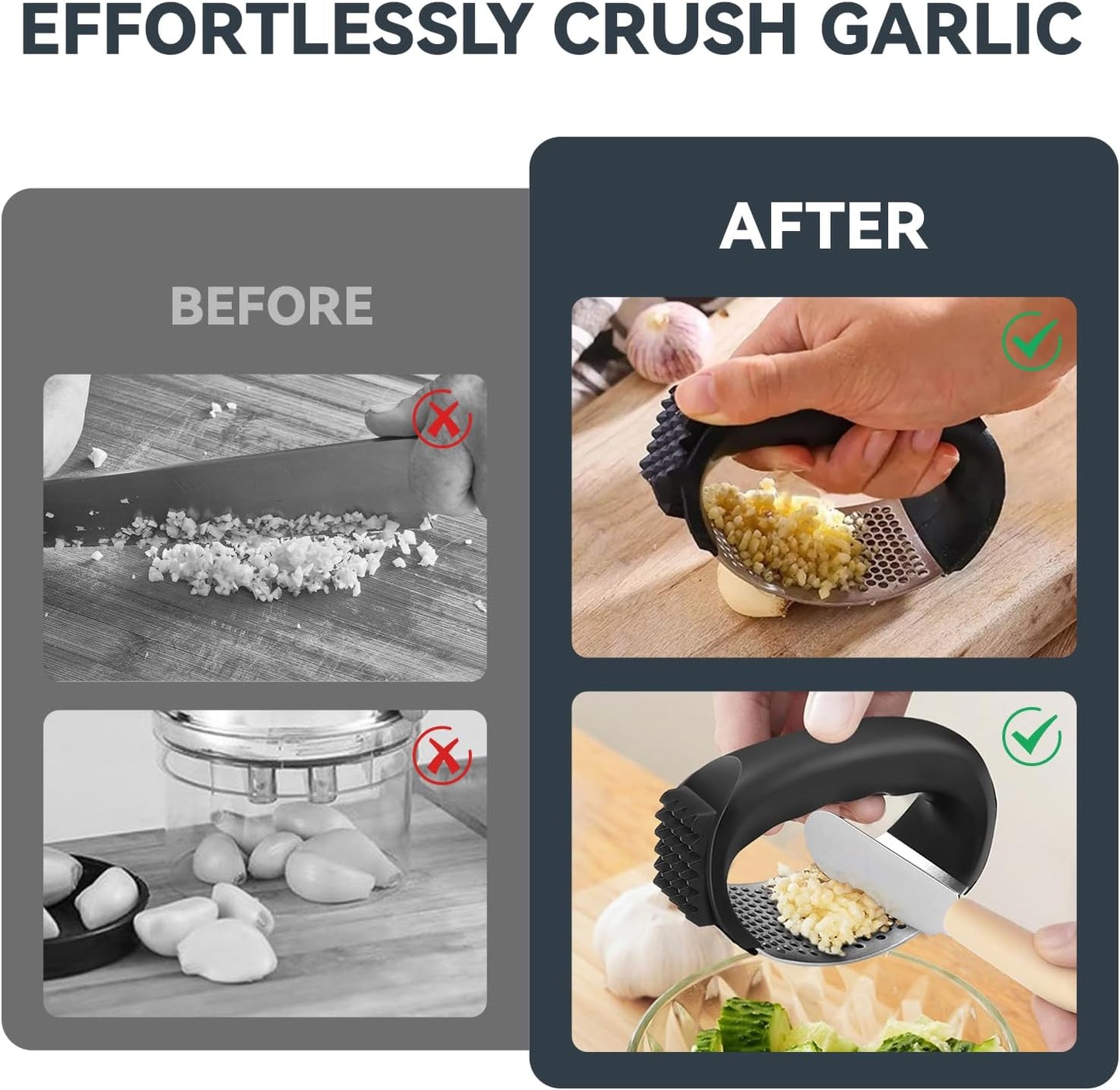 2 Pack Garlic Press Rocker Set – Innovative Stainless Steel Garlic Mincer & Crusher with 2 Peelers, 2 Scrapers, and 2 Brushes for Effortless Garlic Prep | Complete Garlic Tool Kit (BLACK)