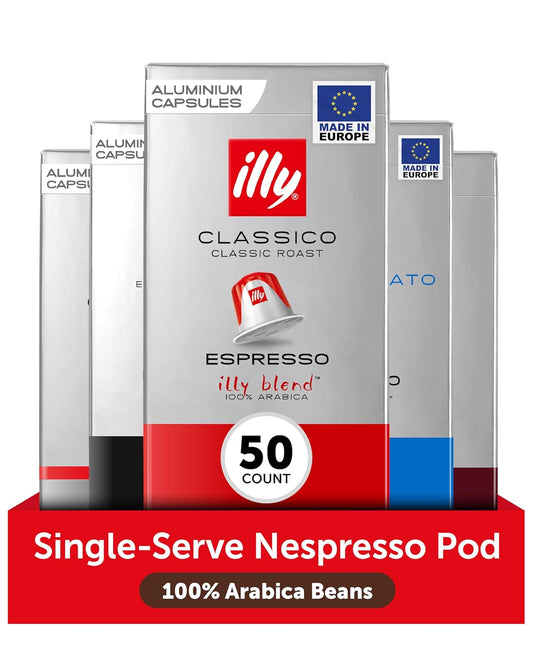 illy Aluminum Espresso Capsules - Compatible with Nespresso Machines - Classico, Forte, Intenso, Decaf, Classico Lungo Roasts - Variety - 10 Count (Pack of 5)