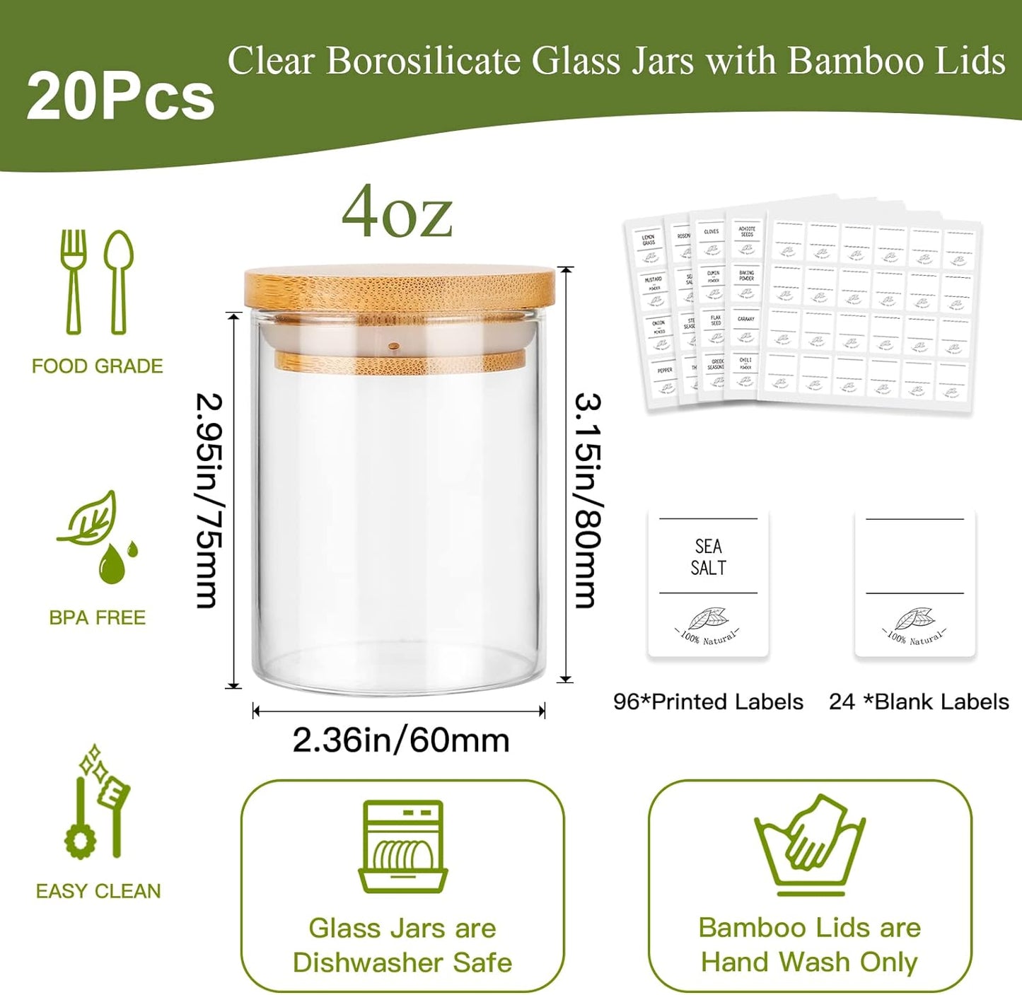 4oz Glass Spice Jars with Bamboo Lids, 20 Pack Clear Borosilicate Glass Food Storage Containers with Wooden Airtight Lids, Cylinder Glass Bottles with Lids for Kitchen Spice Sugar Salt Coffee Tea