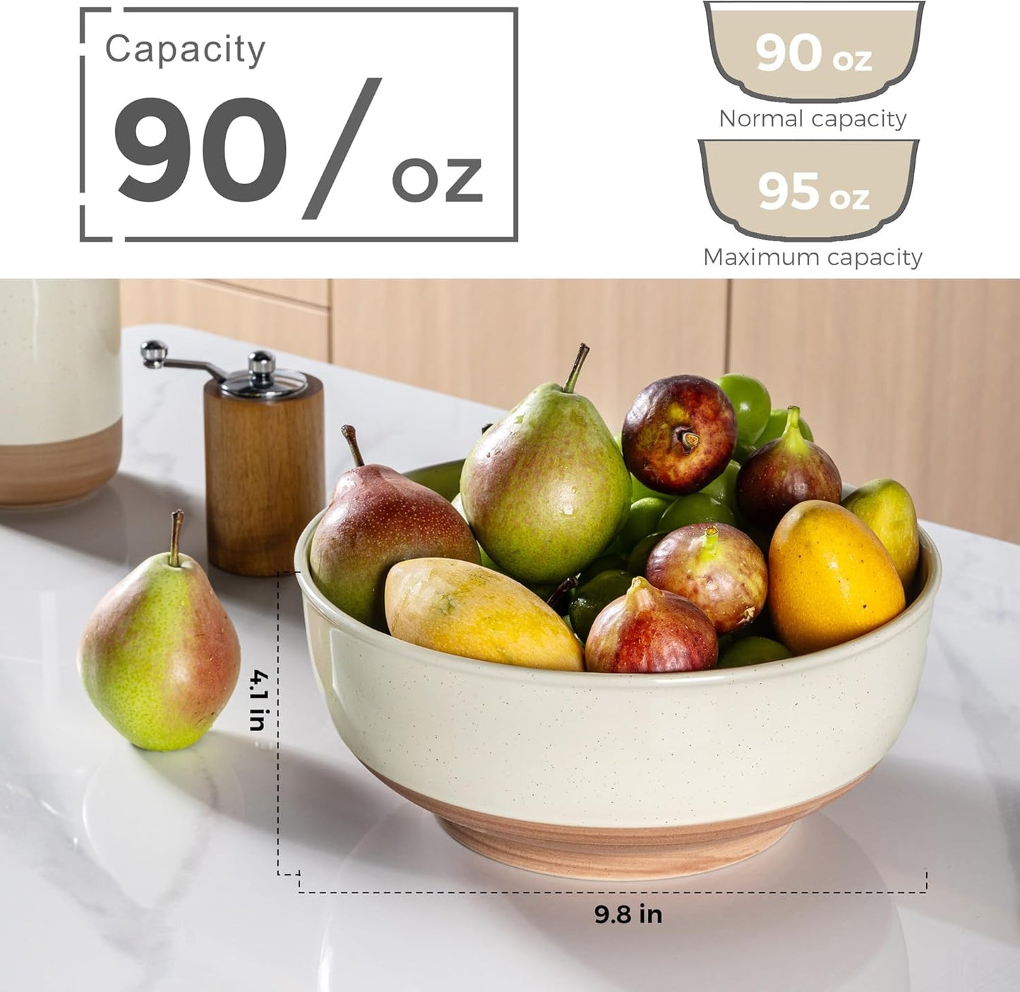 AmorArc 9.8’’ Ceramic Serving Bowls, 95 OZ Extra Large Salad Bowls Set of 2, Stoneware Oversized Bowls with Rustic Terracotta Underside for Salad, Soup and Dinner. Large Bowls for Entertaining &Gift