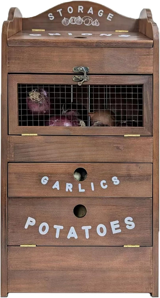 ARTAWEIN Pine Wood Veggie Bin for Potato, Onion and 1 Garlic Drawer Vegetable Box for Kitchen Storage, Solid Wood Vegetable Bin 13.77" L X 7.1" W X 29.3" H (Rustic Walnut)