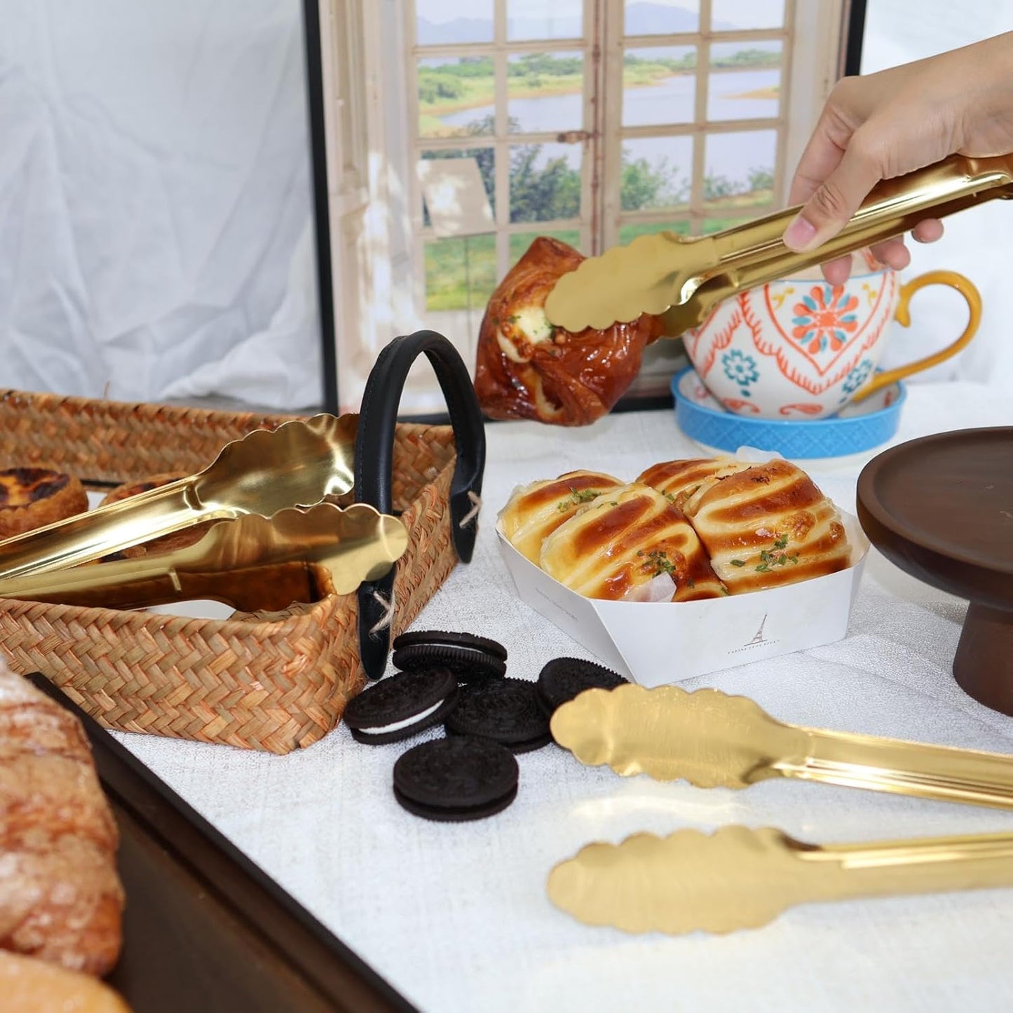 4 Pack 9 Inch Gold Tongs for Serving Food, Gold Serving Tongs Buffet Tong Stainless Steel Utensils, Metal Kitchen Tong for Salad, Steak, Appetizer, Snack and Small Food (4)