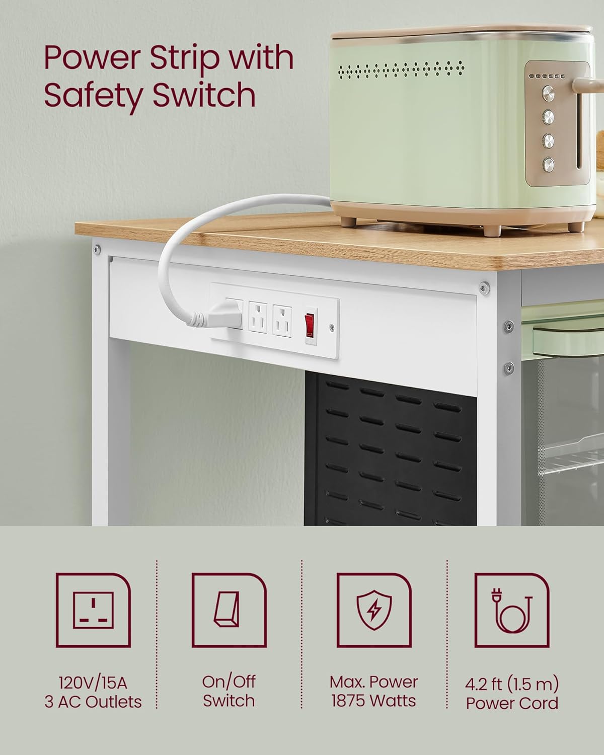 VASAGLE Kitchen Island with 3 Shelves, Kitchen Shelf with Power Strip, 23.6 x 47.2 x 34.9 Inches, Large Worktop, Steel Structure, Industrial, Easy to Assemble, Oak Color and White UKKI101Y01