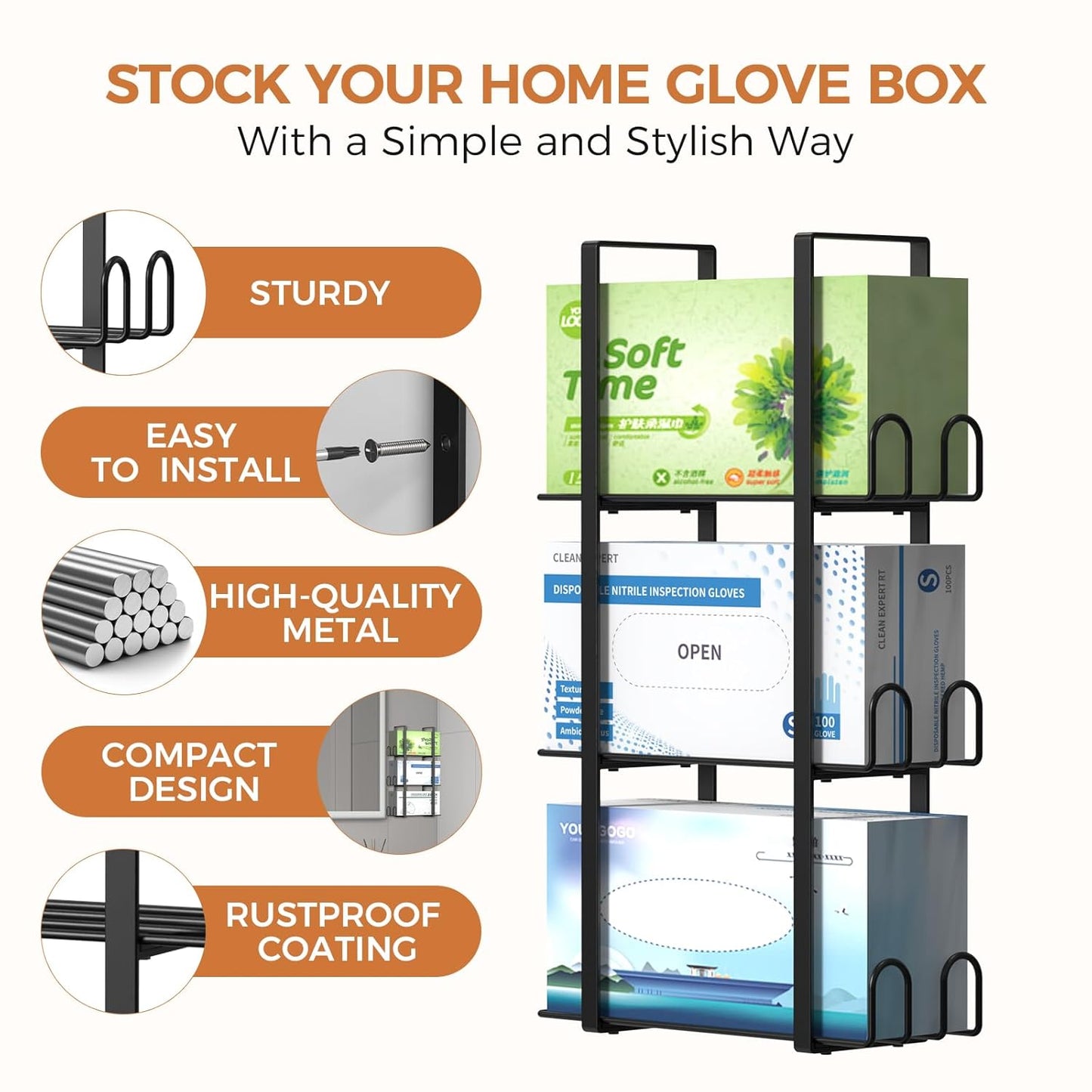 Glove Holder Dispenser for Wall Mount, Black Metal Disposable Latex Gloves Holder for Lab, Wall-Mounted Triple Rubber Box Holder, Tissue Rack for Kitchen and Garage