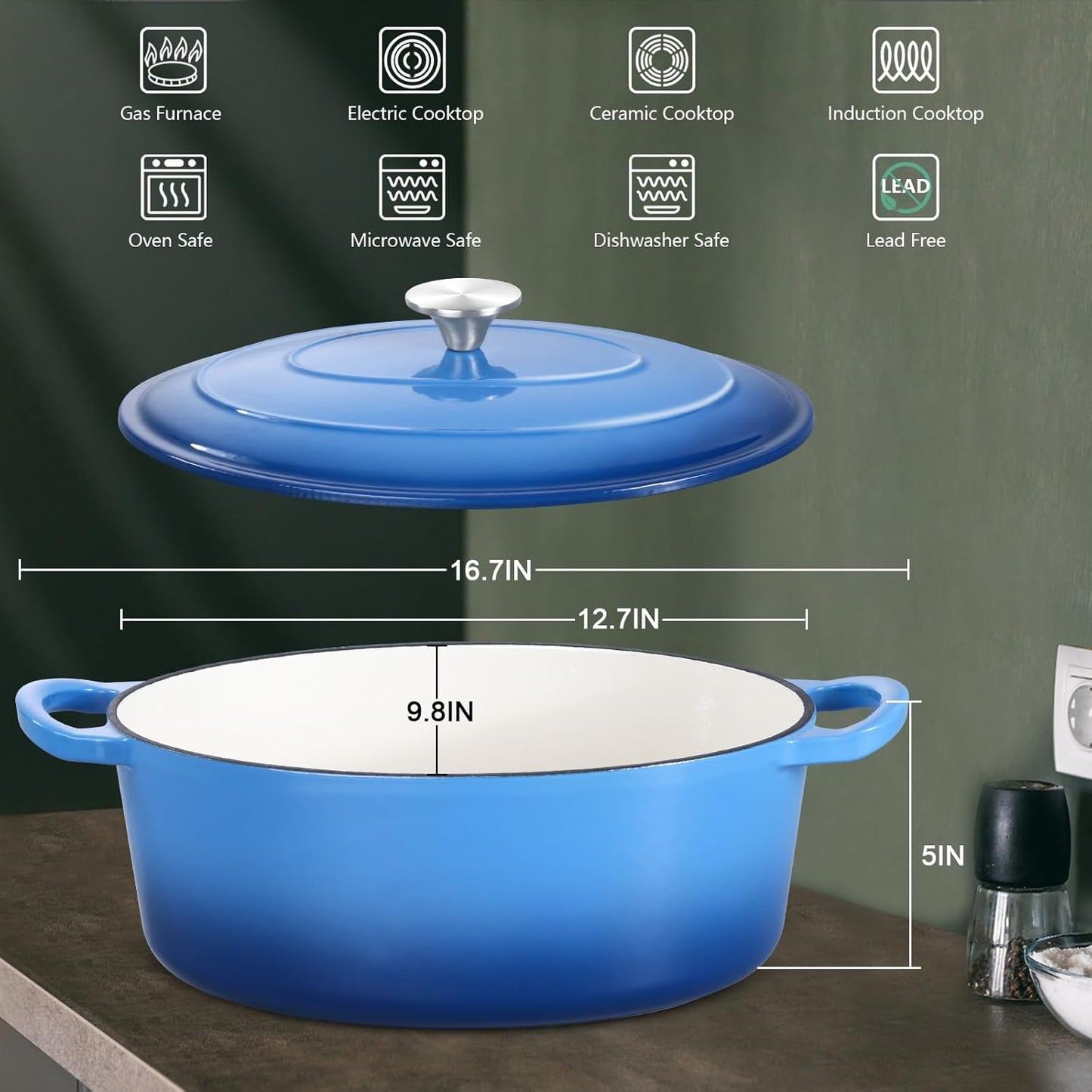 7 Quart Oval Dutch Oven with Lid, Leonyo 7QT Enameled Oval Cast Iron Dutch Oven for Sourdough Bread Breaking, Heavy Duty Cookware for Braising, Stews, Roasting, Blue