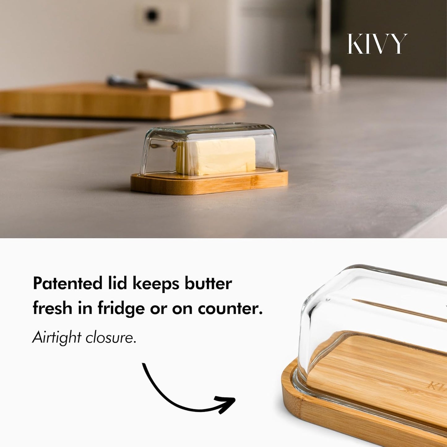 KIVY Butter Dish (Black Marble & Glass) - For countertop and refrigerator door shelf - Marble butter keeper - Stone butter dish - Glass butter dish with lid - Dishwasher Safe