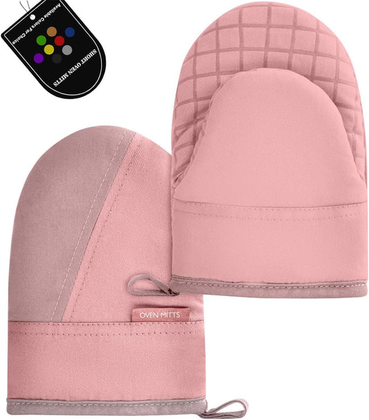 Mini Oven Mitts, Kitchen Oven Gloves Kitchen Mittens 500 Degrees Heat Resistant Baking Gloves, Non-Slip Silicone Surface with Hanging Loops Hot Gloves for Cooking, Baking, BBQ 1 Pair-Pink