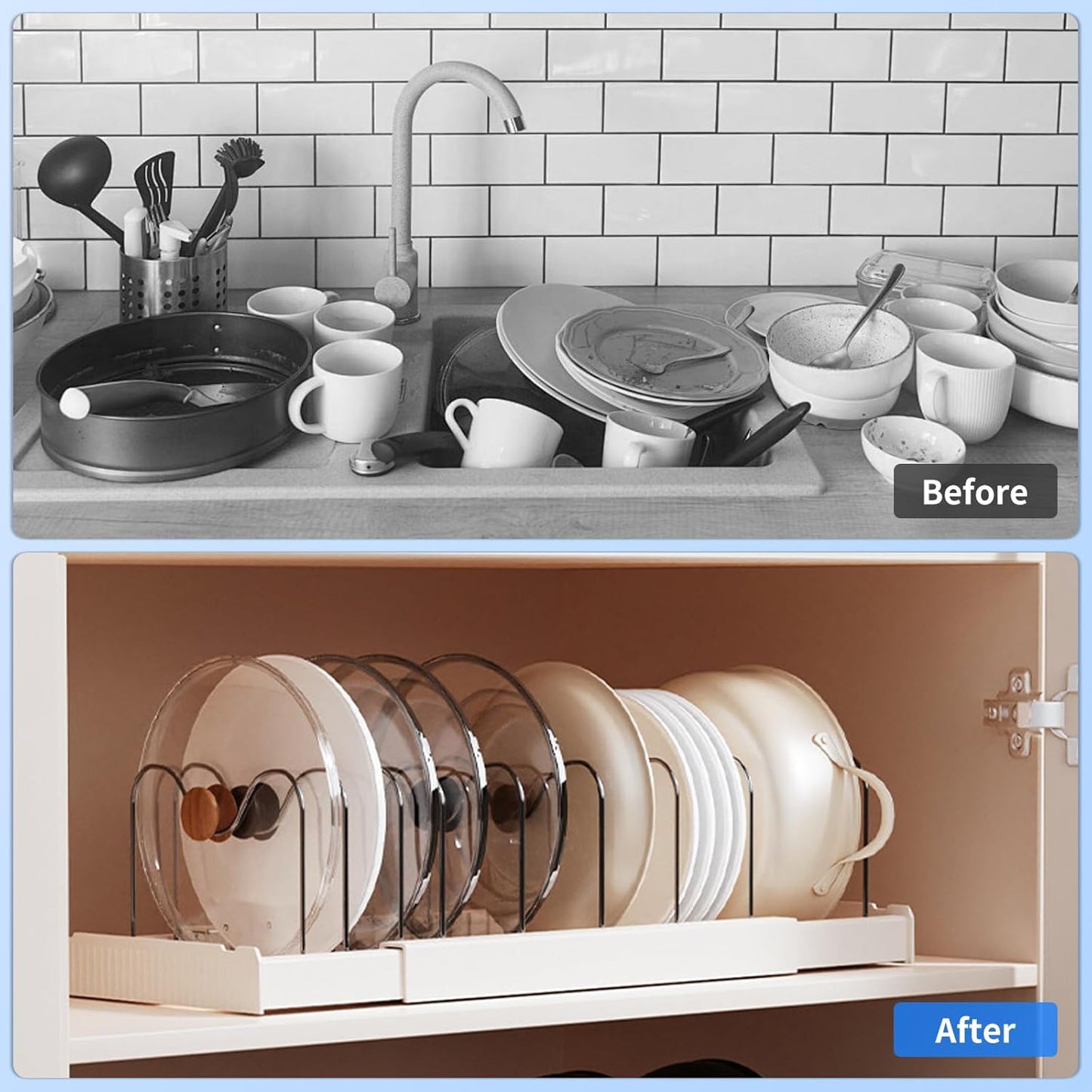 Expandable Pot Storage Rack for Kitchen Cabinets - Under-cabinet pot organizer, in-cabinet pot organizer, 10 adjustable compartments for pot lids, baking trays, cookware