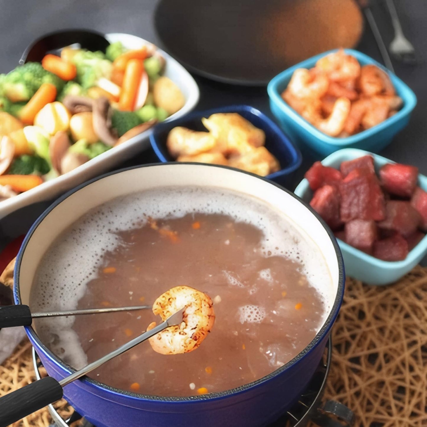 Artestia Swiss Fondue Set – Cast Iron Traditional 2L Cheese & Chocolate Fondue Pot for 4-6 People – Ideal for Melting Cheese, Chocolates, Caramel, & More, Blue