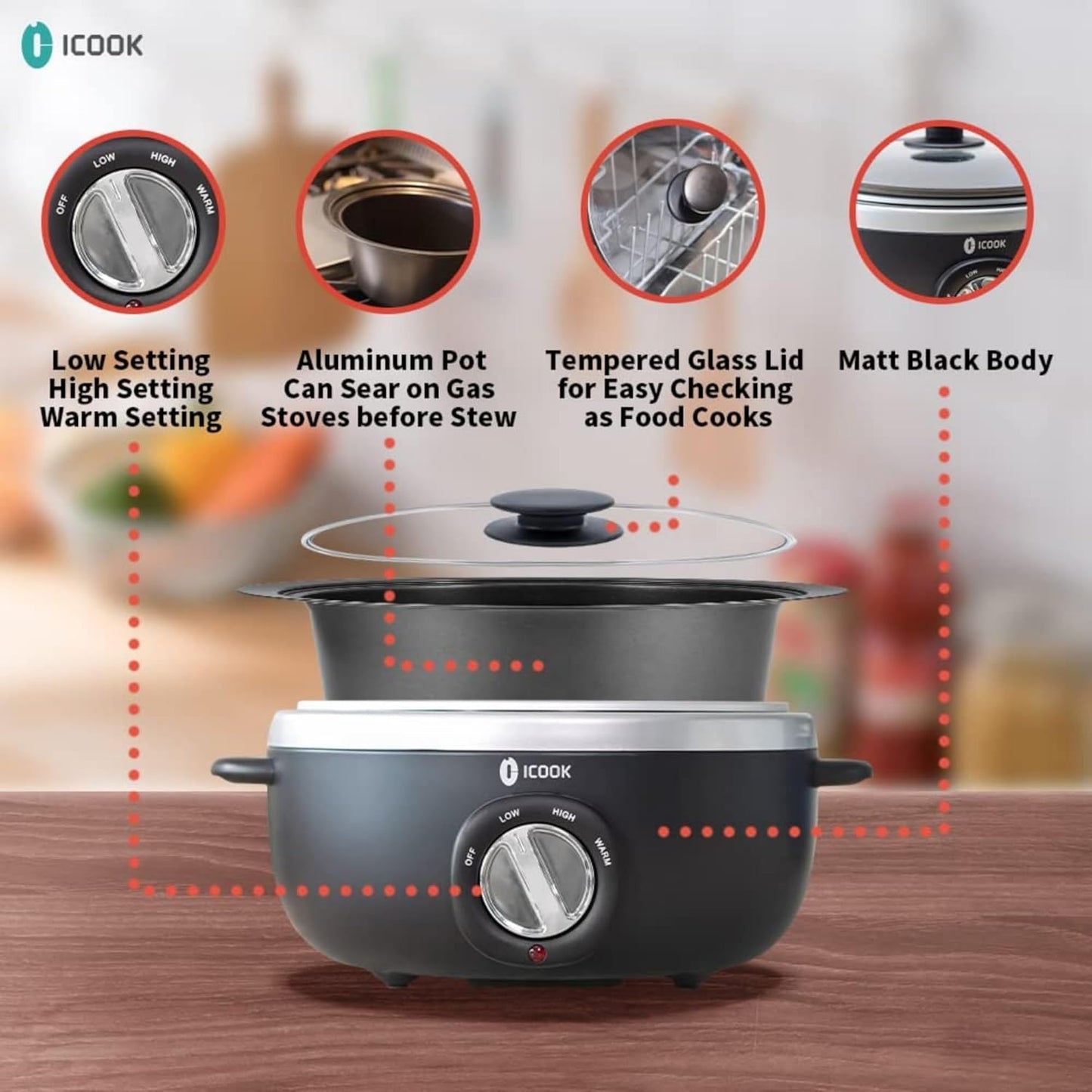 ICOOK 6.5 Quart Slow Cooker, Simmer Pot with Transparent Glass Cover, Cooks Entrees, Adjustable Temp, Sauces, Soups, Roasts, Stews and Dips (Black)