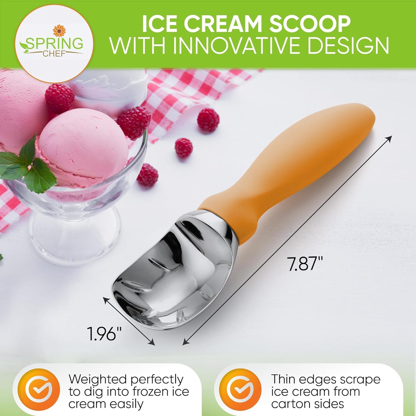 Spring Chef Ice Cream Scoop with Soft Grip Handle, Professional Heavy Duty Sturdy Scooper, Premium Kitchen Tool for Cookie Dough, Gelato, Sorbet, Mango