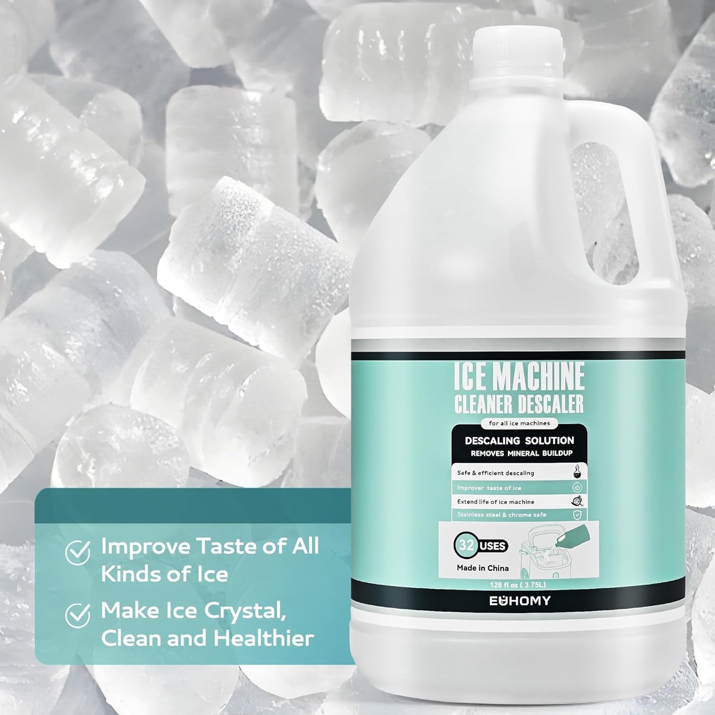 EUHOMY 32 Uses Ice Machine Cleaner Descaler (1 Gallon / 3.75L), 128 Fl OZ Ice Maker Cleaner, Ideal Universal Descaling Solution for All Brands Ice Maker, Single Use Coffee and Espresso Machines
