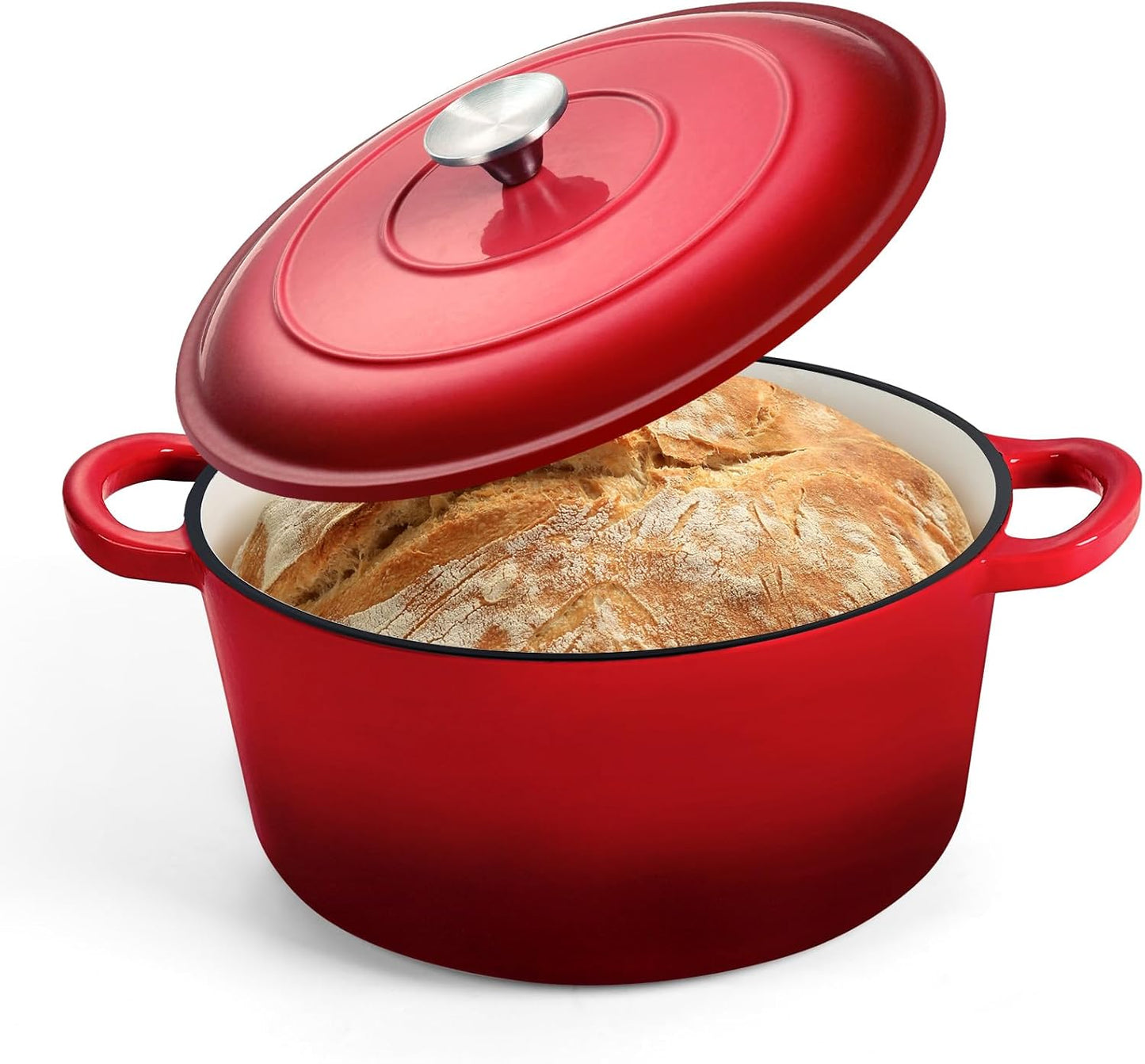 P&P CHEF 5QT Enameled Dutch Oven, Cast Iron Dutch Oven Pot with Lid for Bread Baking, Enameled Casserole Pot for Roasting Braising Stewing Frying Simmering, Various Stoves & Easy Clean, Red