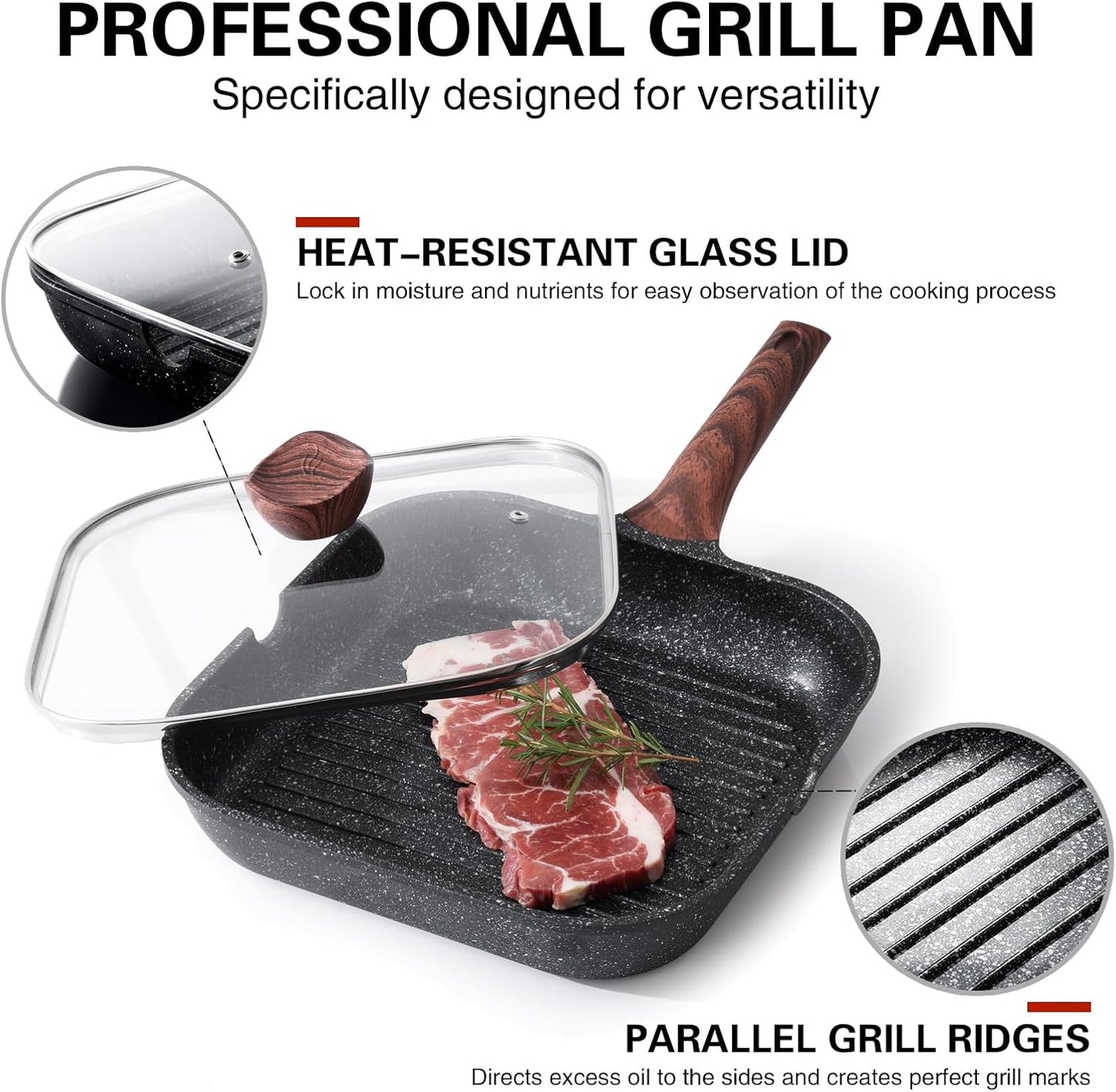 Nonstick Grilling Pan with Lid for Stove Tops, 9.5 Inch Square Grill Pan for Indoor Cooking, Granite Coating Grill Skillet with Pour Spouts, Versatile Griddle, Induction Steak Pan, PFOA Free