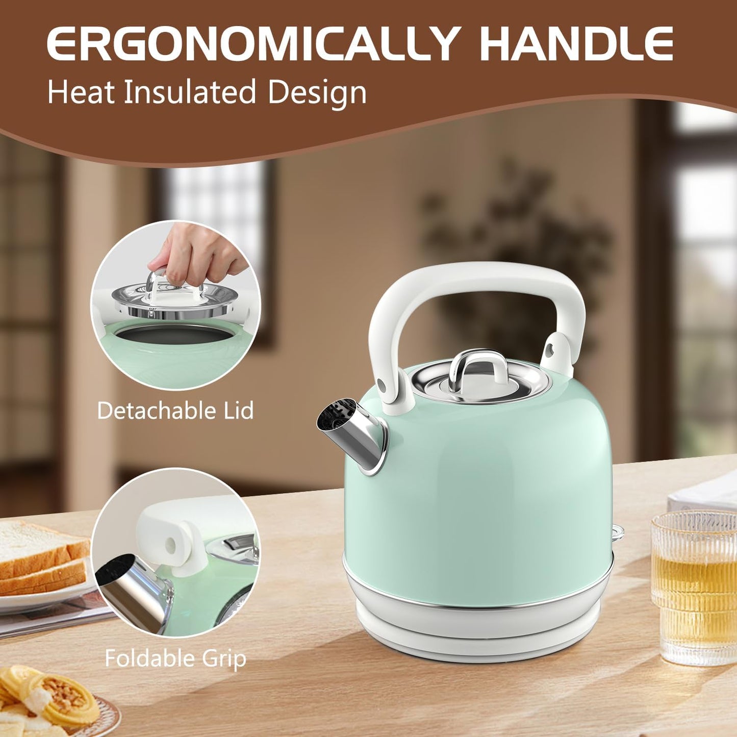 Electric Tea Kettle, 1500W Electric Kettle for Boiling Water, Food Grade Stainless Steel 2L Tea Kettle with Ergonomic Handle, Hot Water Boiler Auto Shut-off, Boil-Dry Protection