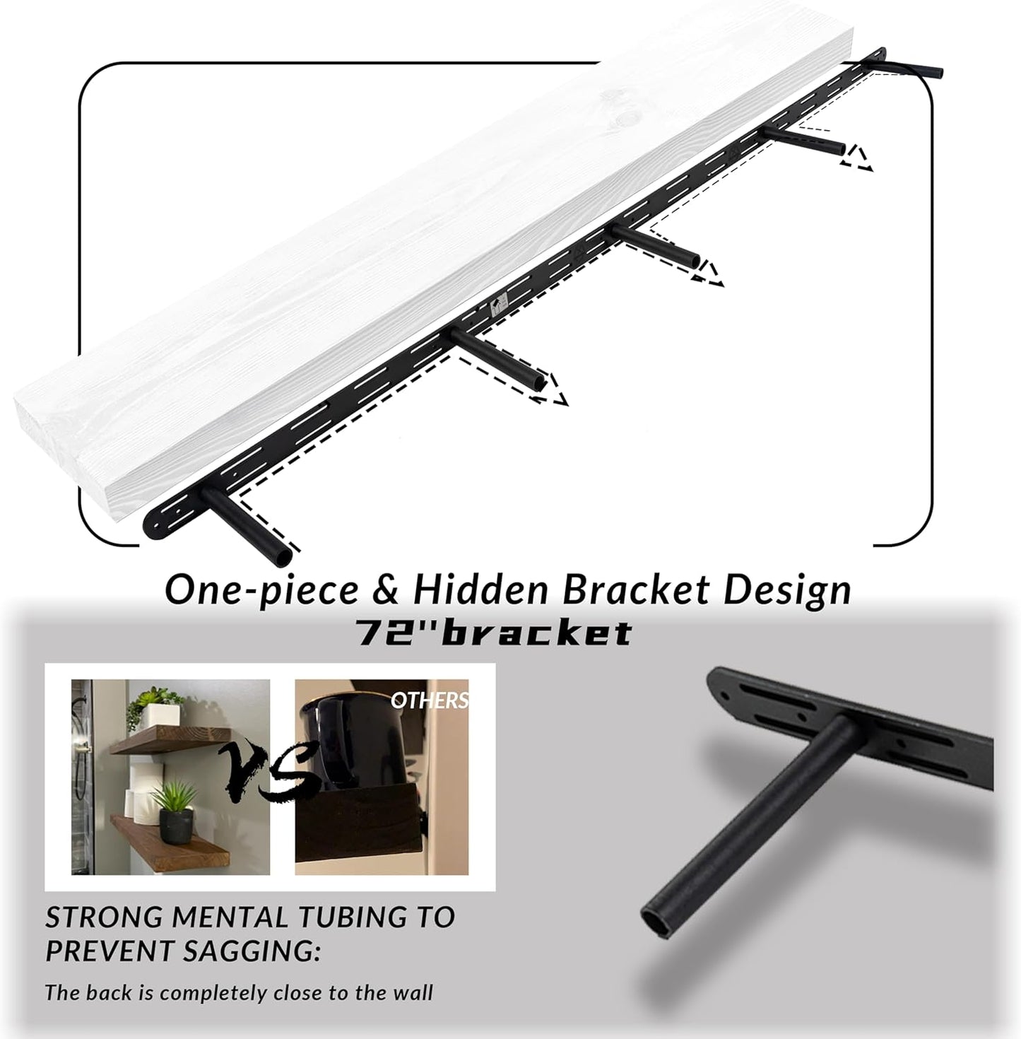 Rustic Floating Shelves 72 inch Long 8 "deep Set of 2, Heavy Duty Wood Wall Mounted Shelves for Bathroom Living Room Kitchen,Book Shelves with Thickened Hidden Bracket- White