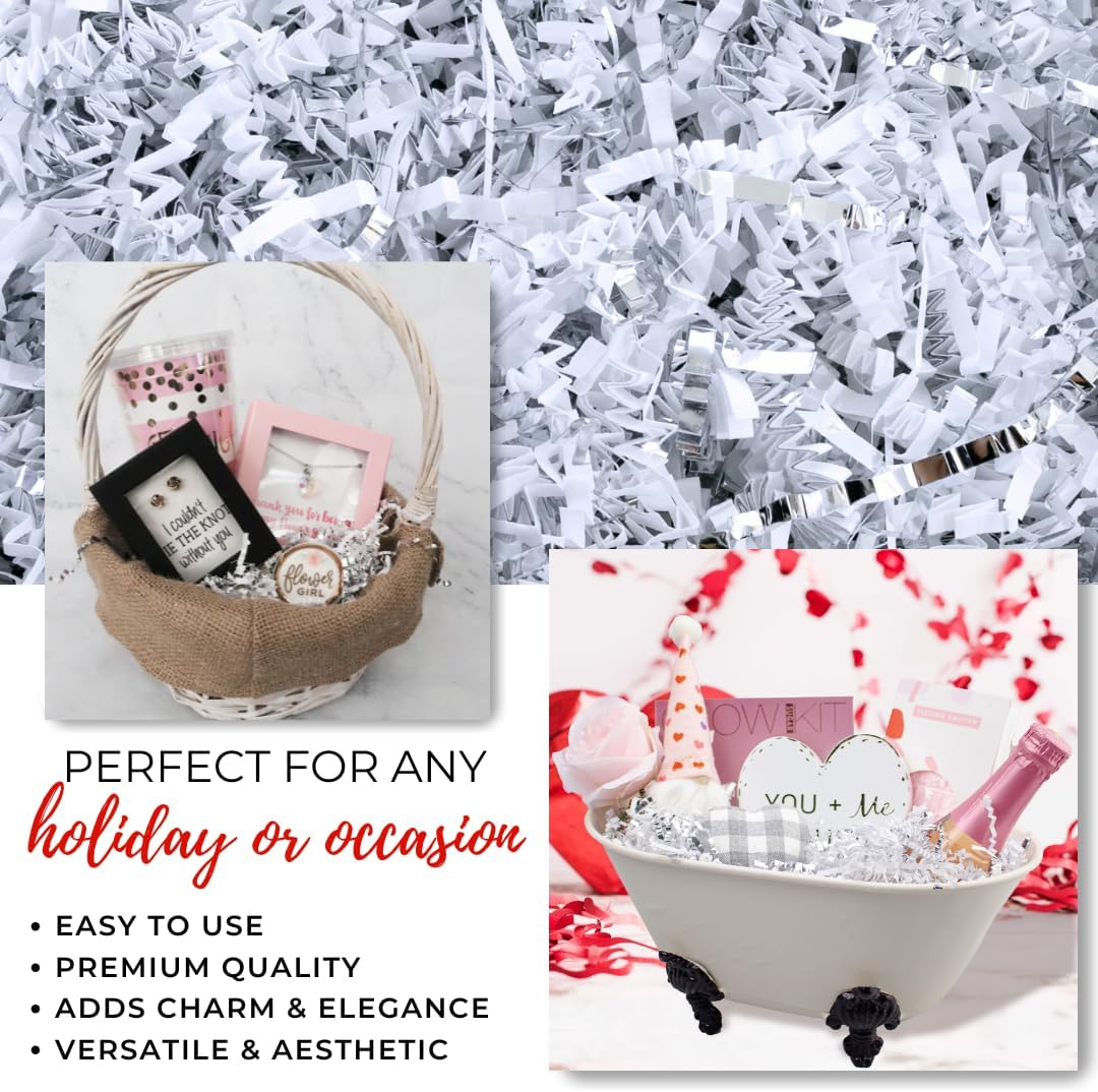 MagicWater Crinkle Cut Paper for Gift Baskets - 2LB - White & Silver - Perfect for Shredded Paper Filler, Basket Filler, Gift Boxes, Bridesmaid Gifts, Halloween Stuffers & More – for All Occasions