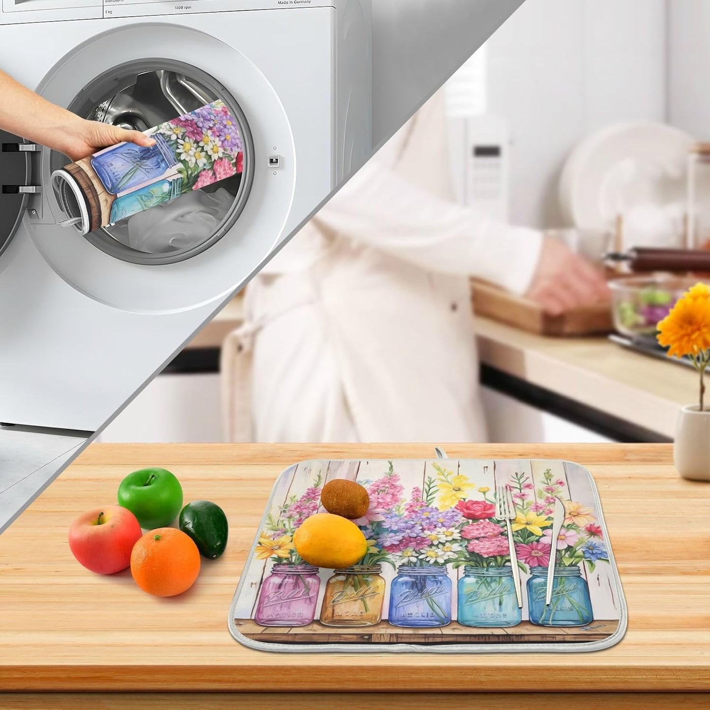 Spring Floral Jars Rustic Dish Drying Mat for Kitchen Counter Absorbent Microfiber Small Drying Pad Flowers Dish Mats for Kitchen Countertops 16 x 18 Inch
