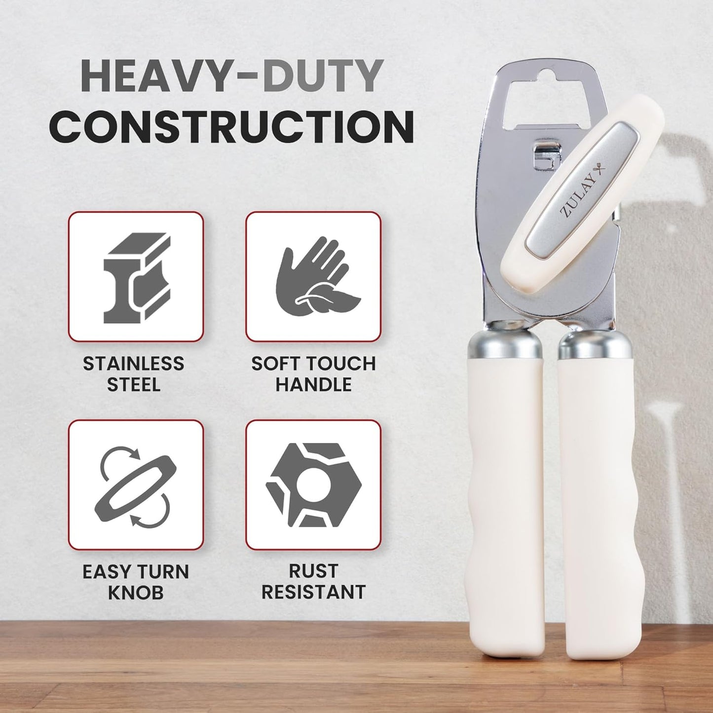 Zulay Kitchen Heavy Duty Stainless Steel Can Opener Manual with Bottle Opener - Rust Proof Manual Can Opener With Turn Knob & Comfy Soft Grip Handles - Cream