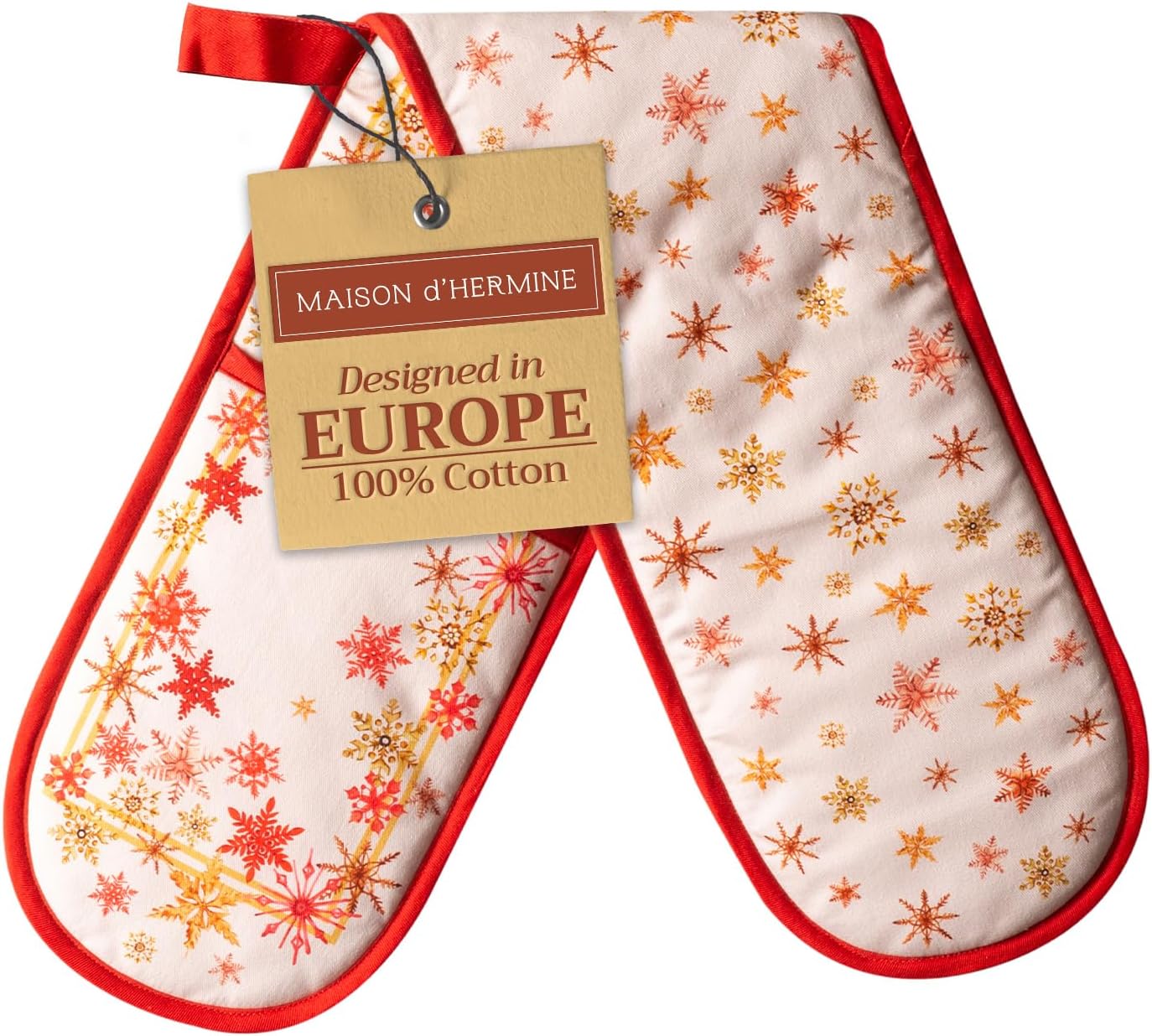 Maison d' Hermine Double Oven Mitts 100% Cotton 7"x35" Double Oven Mitt Heat Resistant BBQ Cooking Gloves with Loop, Baking, Grilling, Home, Kitchen, Handling Hot Pans (Crystal Star)