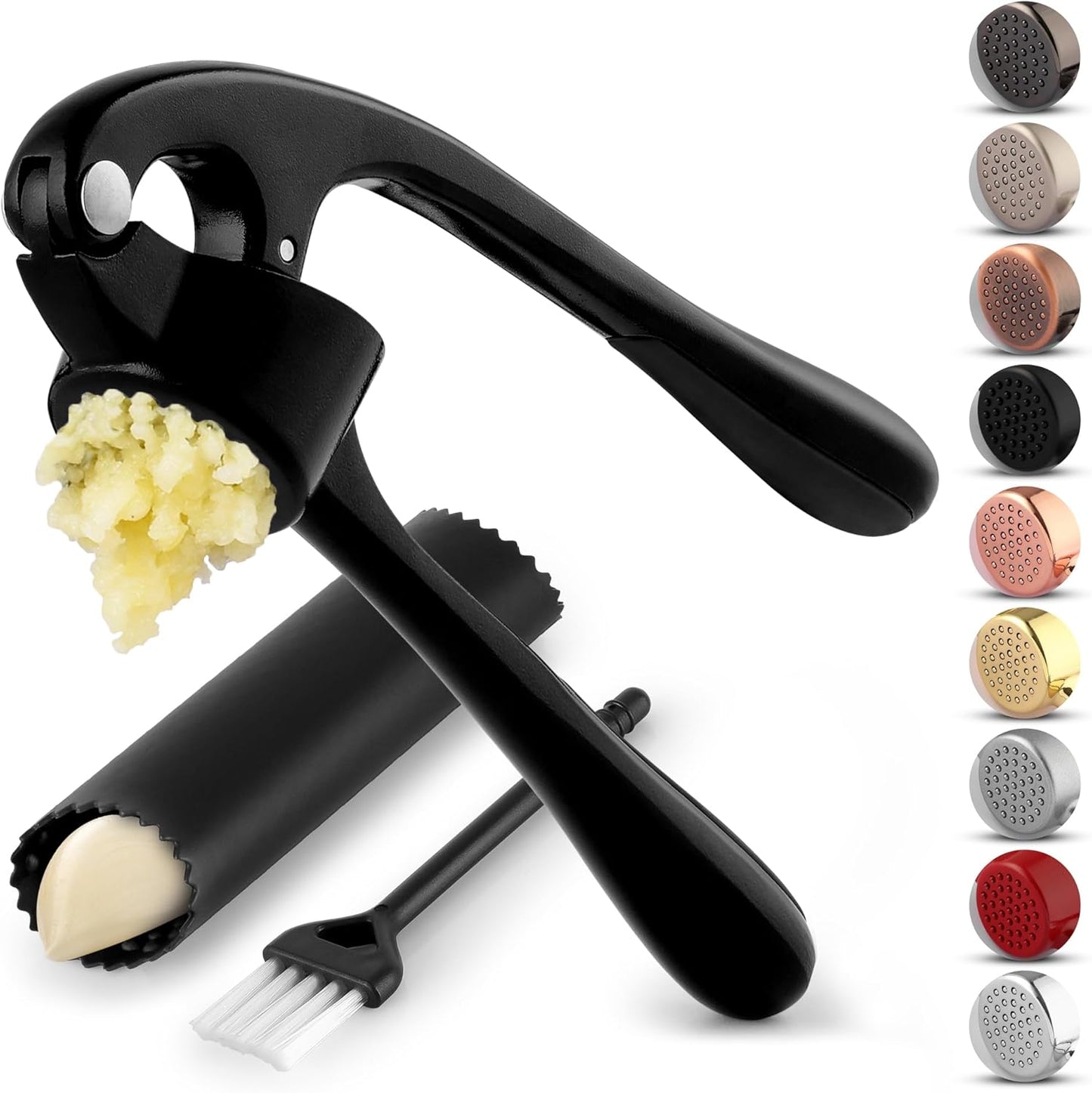 Zulay Kitchen Premium Garlic Press Set - Rust Proof & Dishwasher Safe Professional Garlic Mincer Tool - Easy-Squeeze, Easy-Clean with Soft, Ergonomic Handle - Silicone Garlic Peeler & Brush (Black)