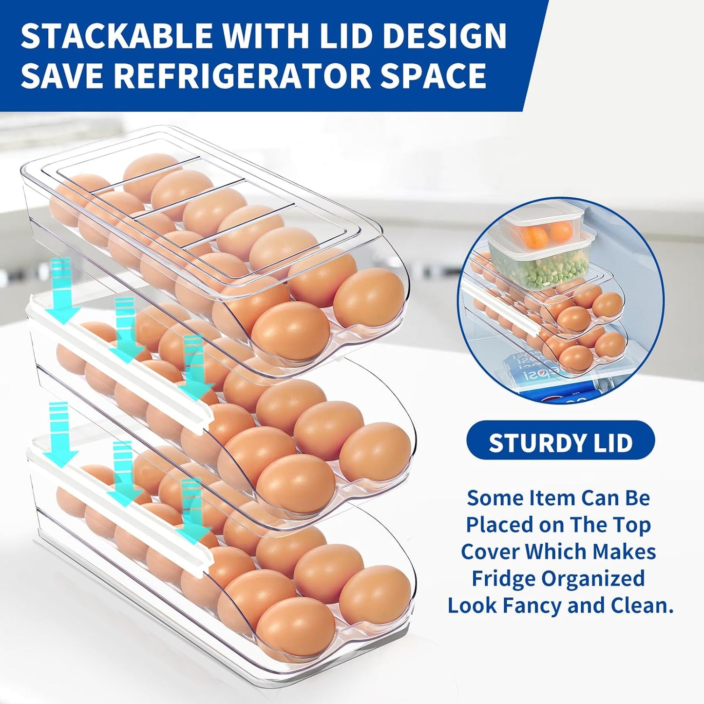 Egg Holder for Fridge, Automatic Rolling Egg Organizer for Refrigerator, Clear Plastic Egg Container & Tray, Stackable Dispenser and Storage with Sturdy Lid to Saving Space -1 Layer