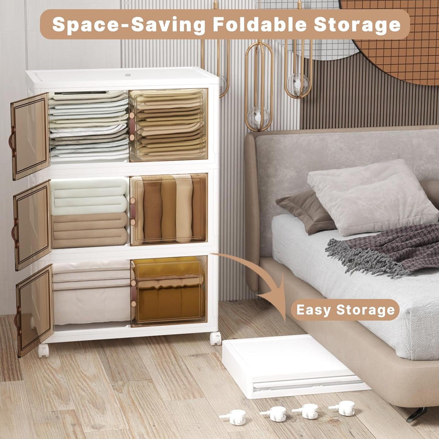 Extra Large Stackable Storage Bins with Lids and Wheels, Foldable Collapsible Closet Organizers,504QT-168QT/42GAL*3Pack Plastic Stackable Storage drawers for bedroom Dorm